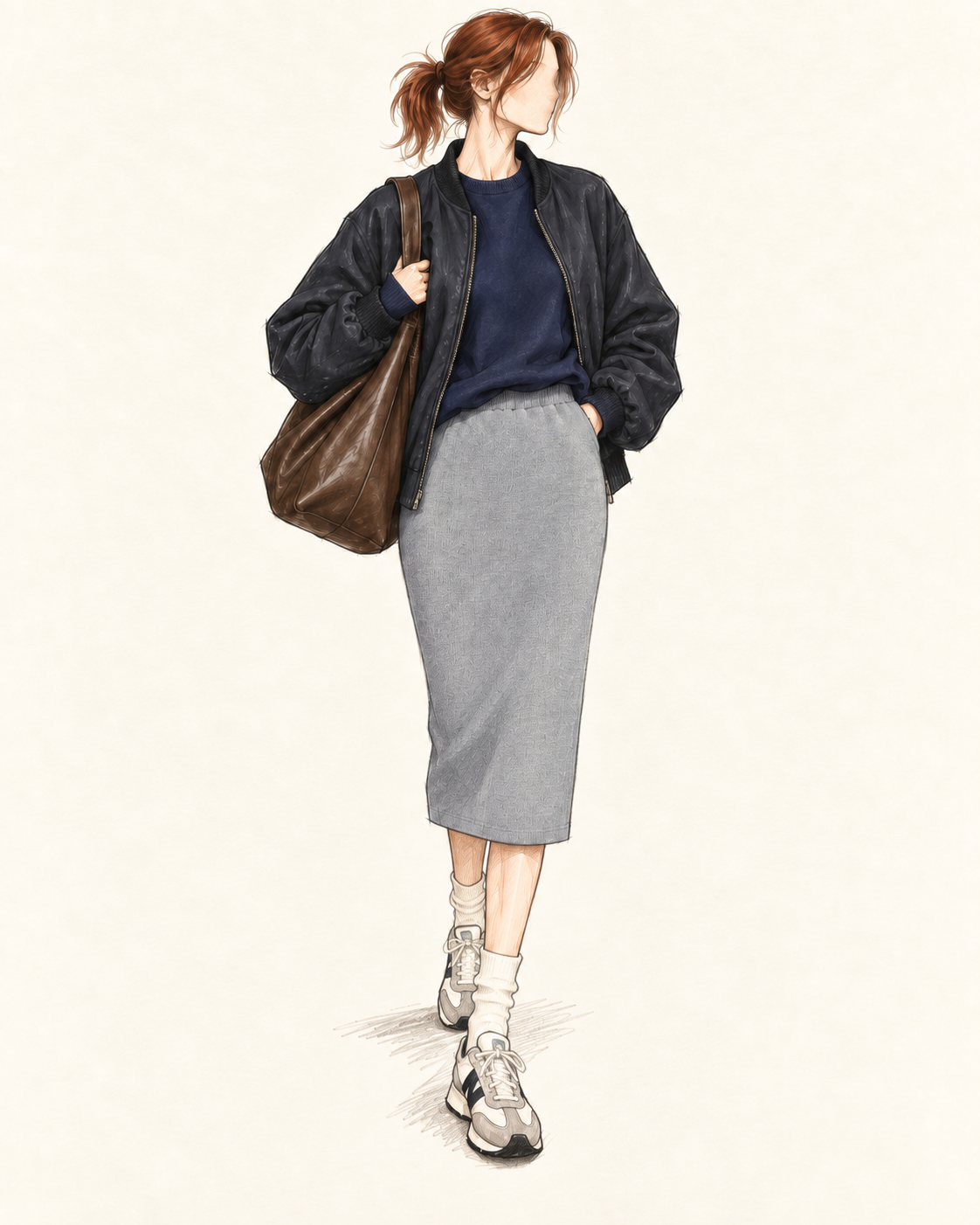 Jupe vintage mi-longue en maille laine merinos gris perle – taille haute, coupe crayon