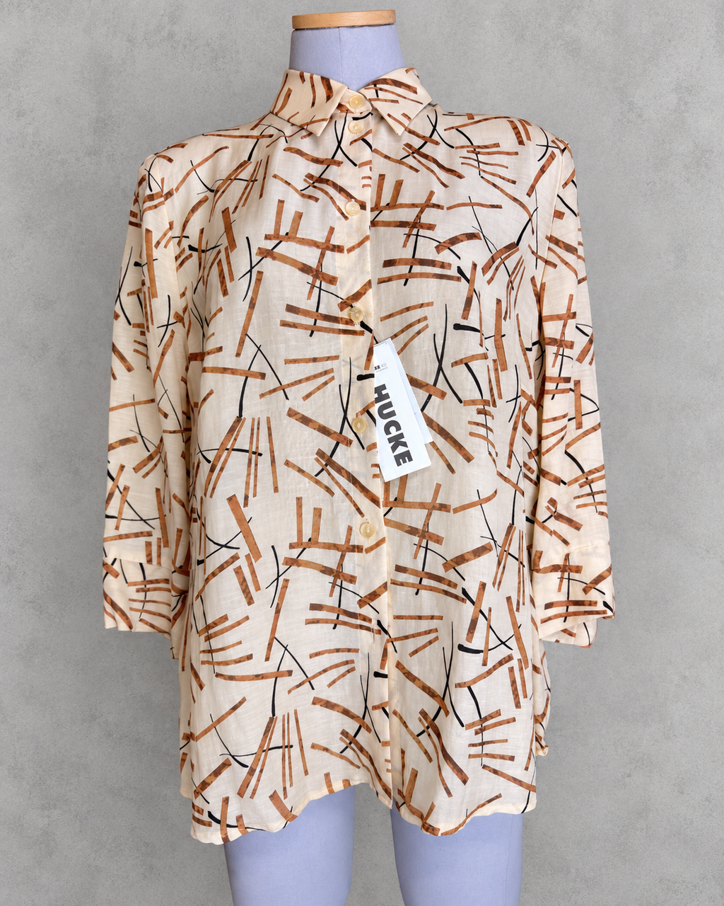 Chemise vintage manches 3/4 jaune pale motif marron noir