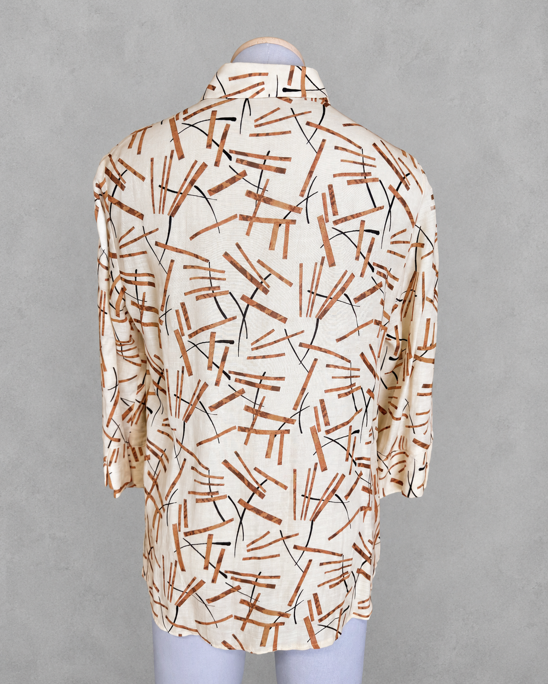 Chemise vintage manches 3/4 jaune pale motif marron noir