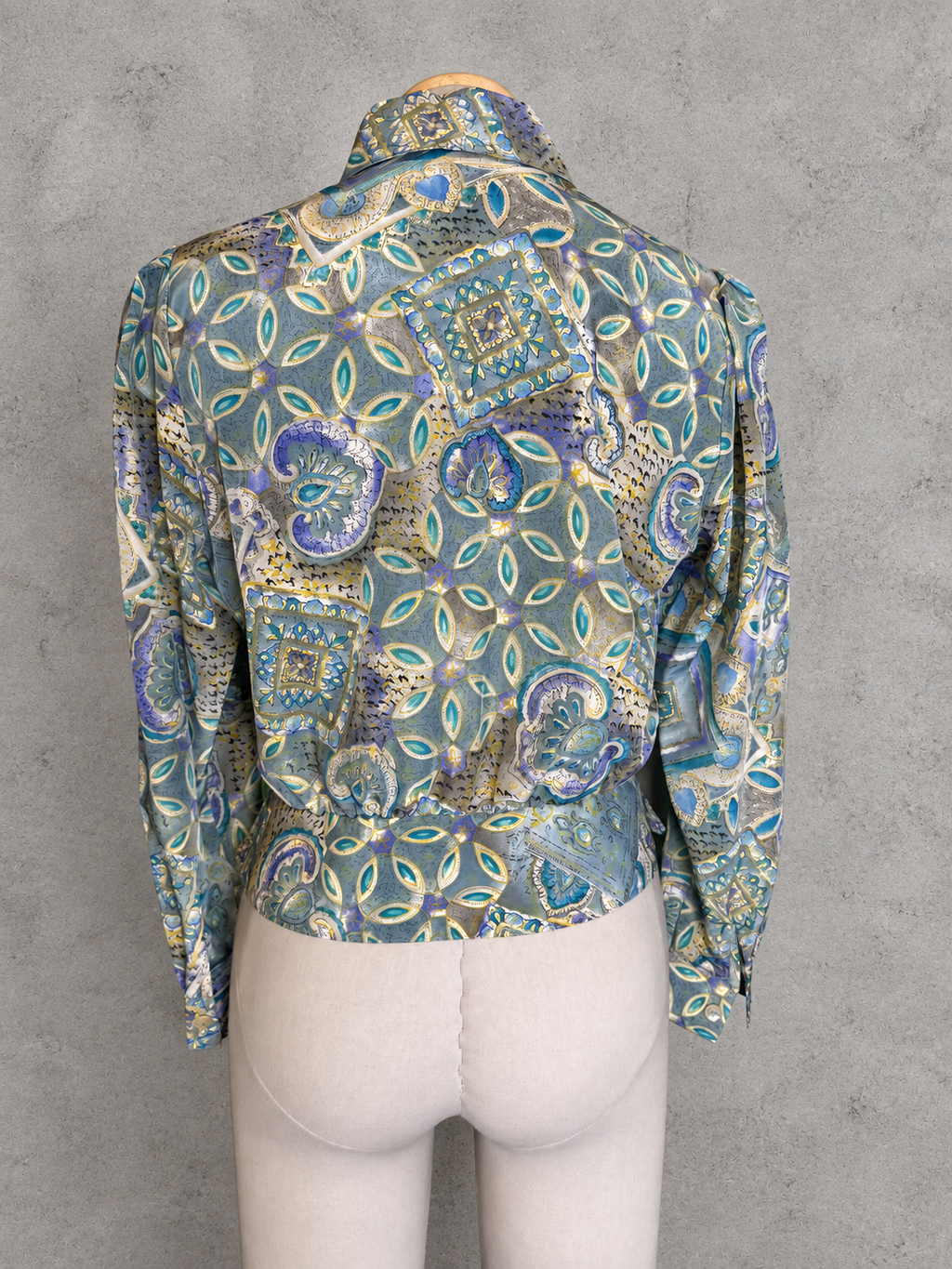 Chemisier vintage cachemire arabesque baroque lilas turquoise arty romantique