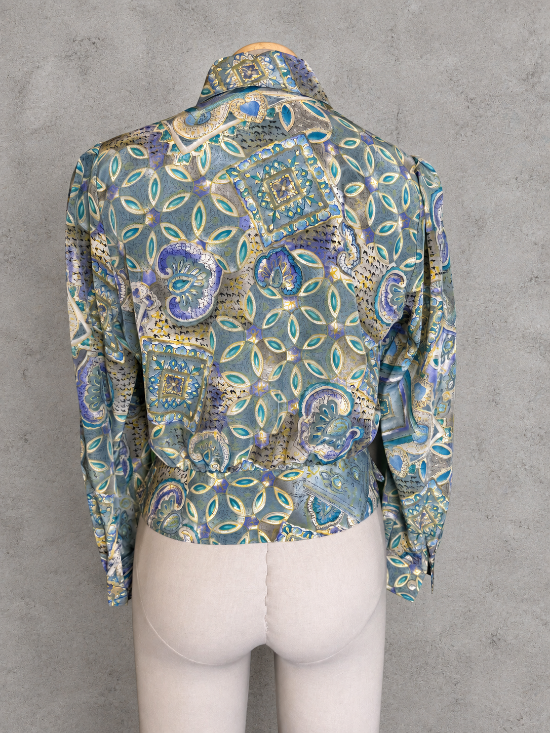 Chemisier vintage cachemire arabesque baroque lilas turquoise arty romantique