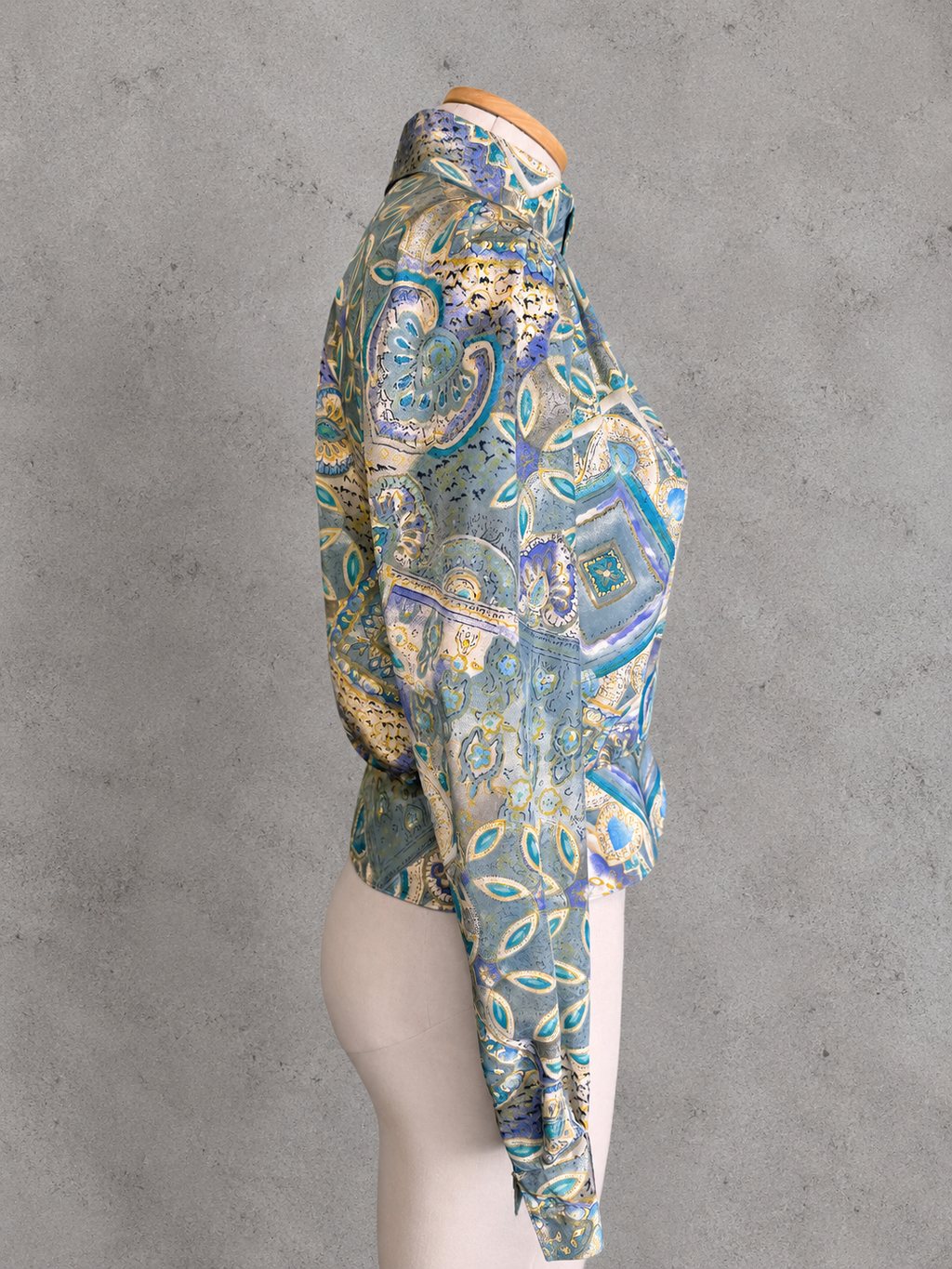 Chemisier vintage cachemire arabesque baroque lilas turquoise arty romantique