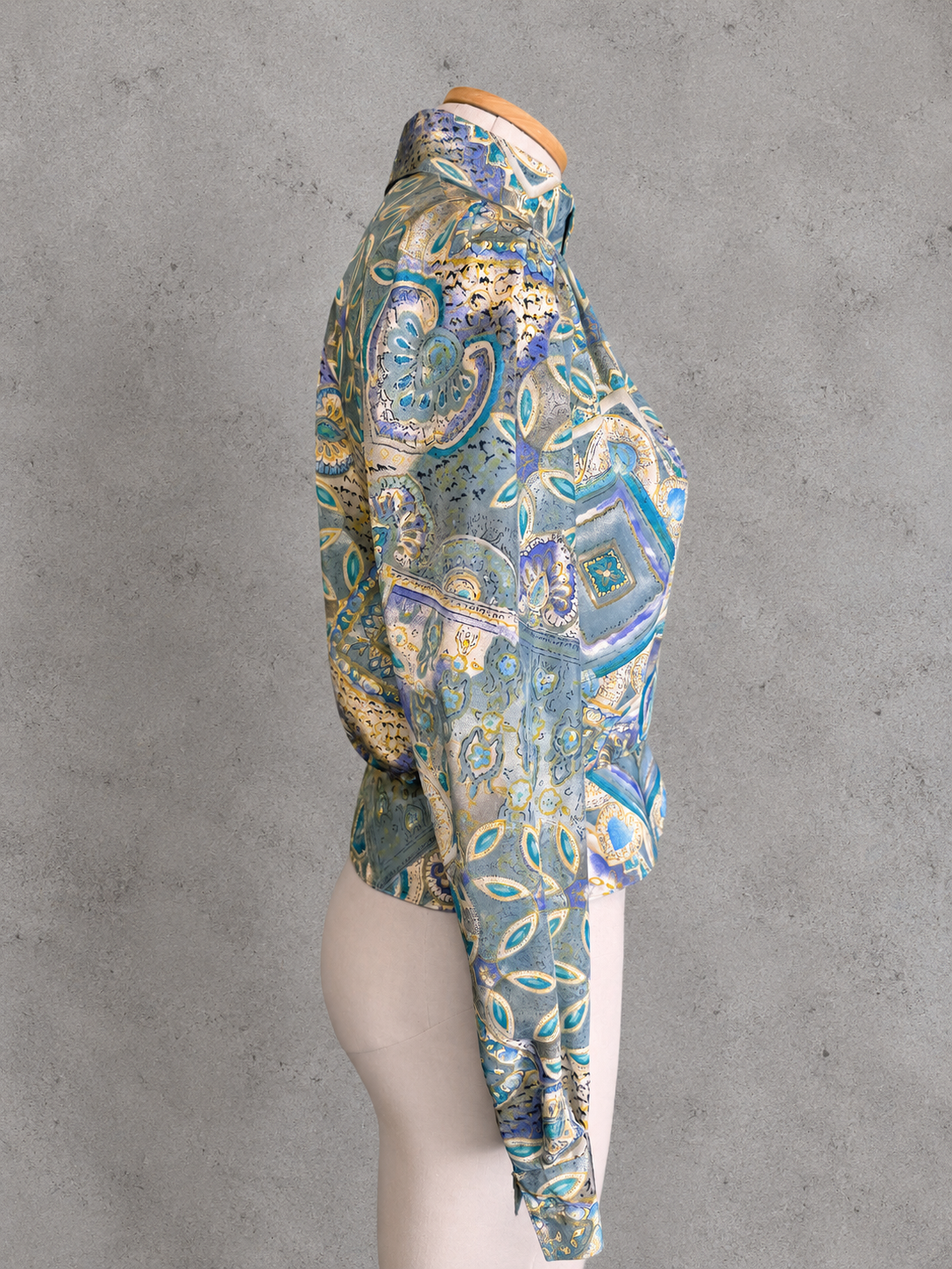 Chemisier vintage cachemire arabesque baroque lilas turquoise arty romantique