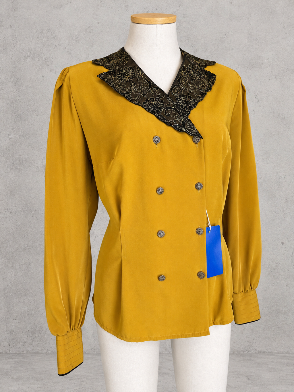 Chemisier vintage jaune moutarde luxe col croisé noir doré