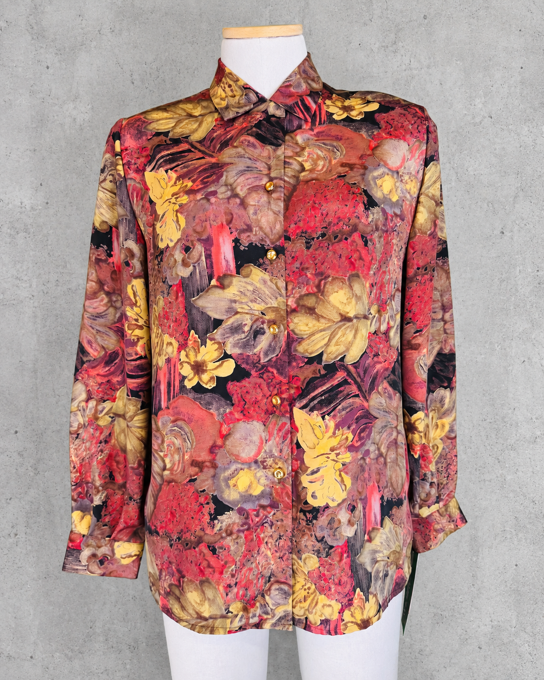 Chemisier vintage floral multicolore rouge et ocre – années 80/90