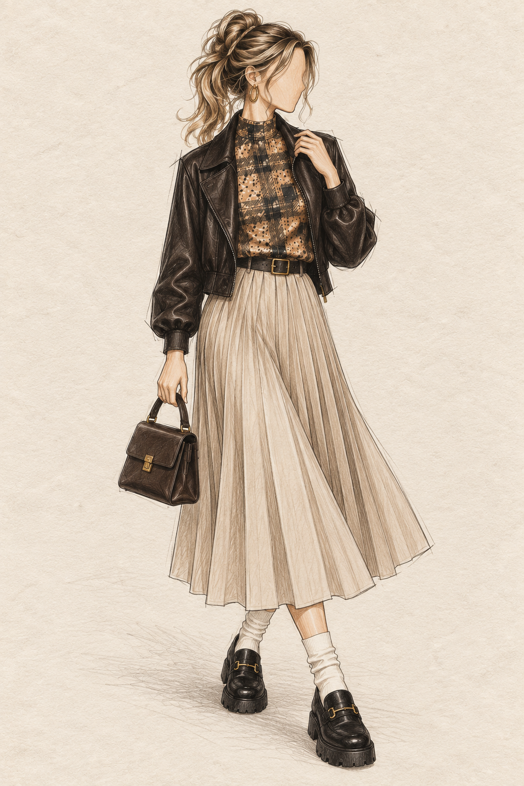Chemisier vintage tartan beige noir carreaux col montant rétro