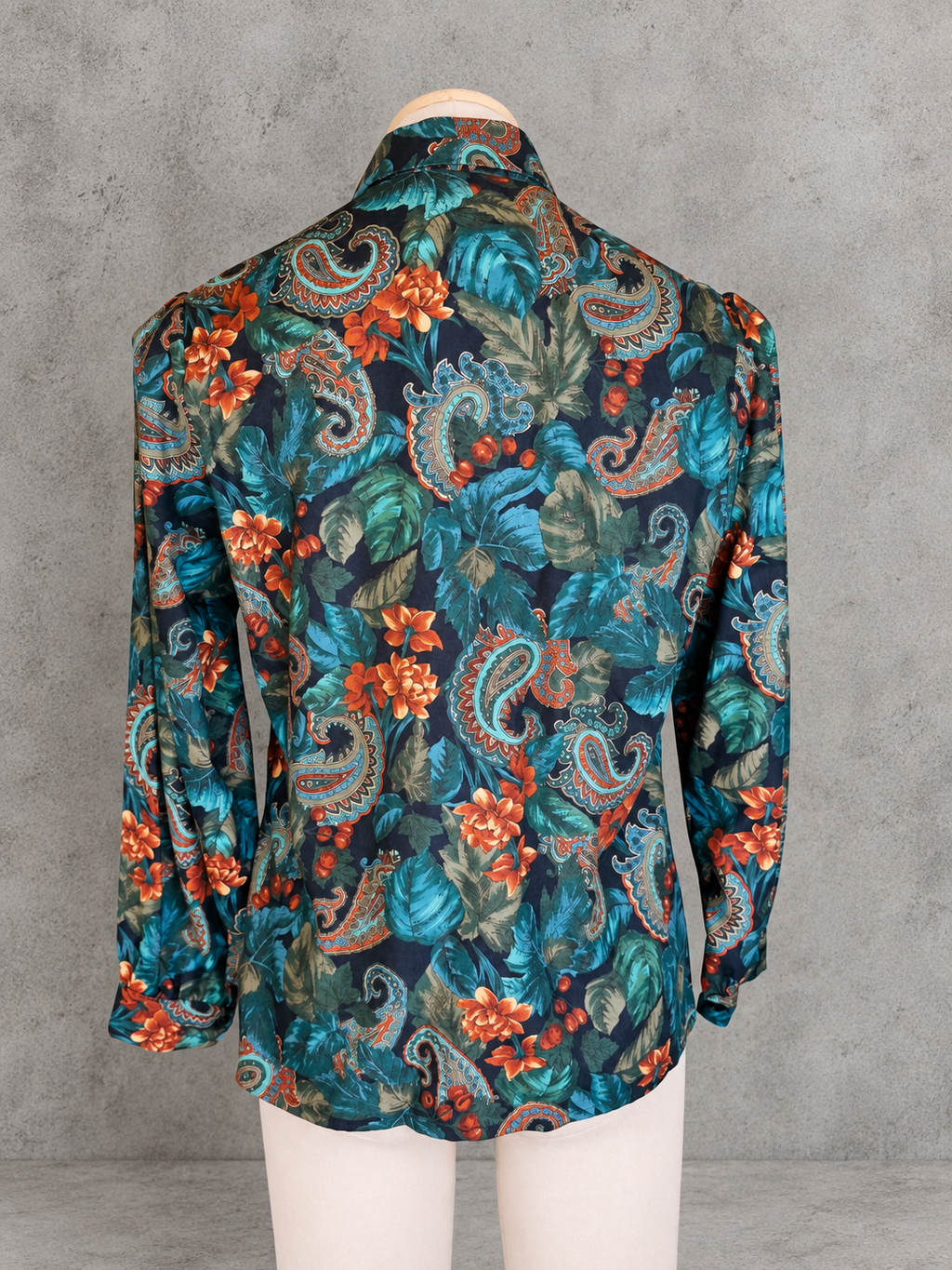 Chemisier vintage flanelle coton paisley cachemire tropical jungle vert bleu marron