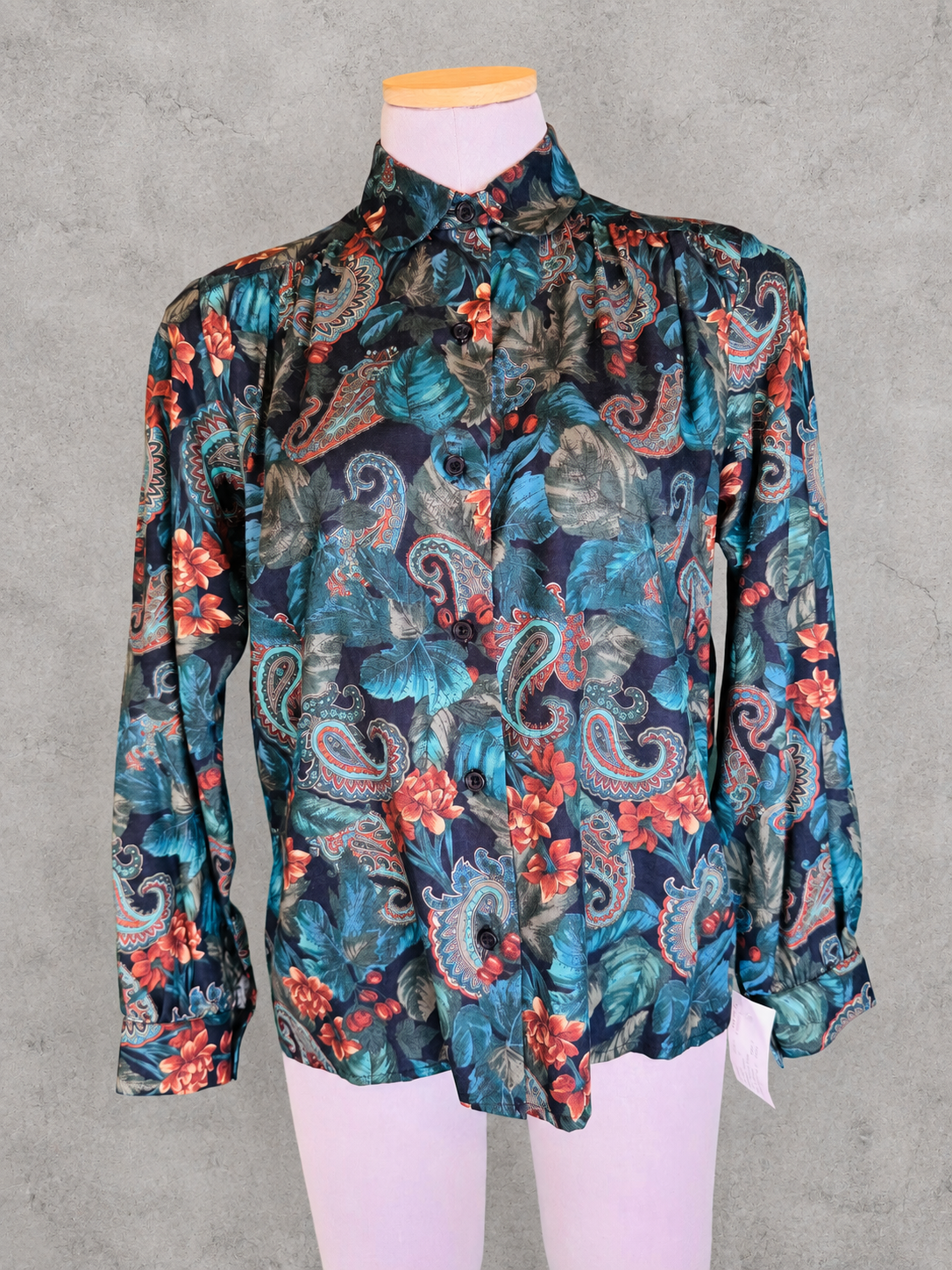 Chemisier vintage flanelle coton paisley cachemire tropical jungle vert bleu marron