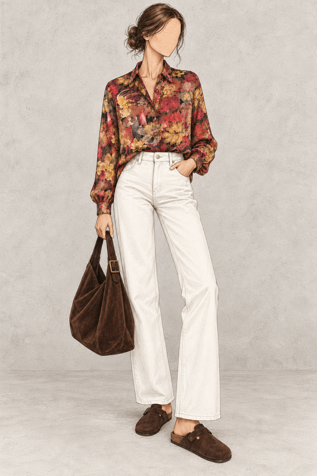 Chemisier vintage floral multicolore rouge et ocre – années 80/90
