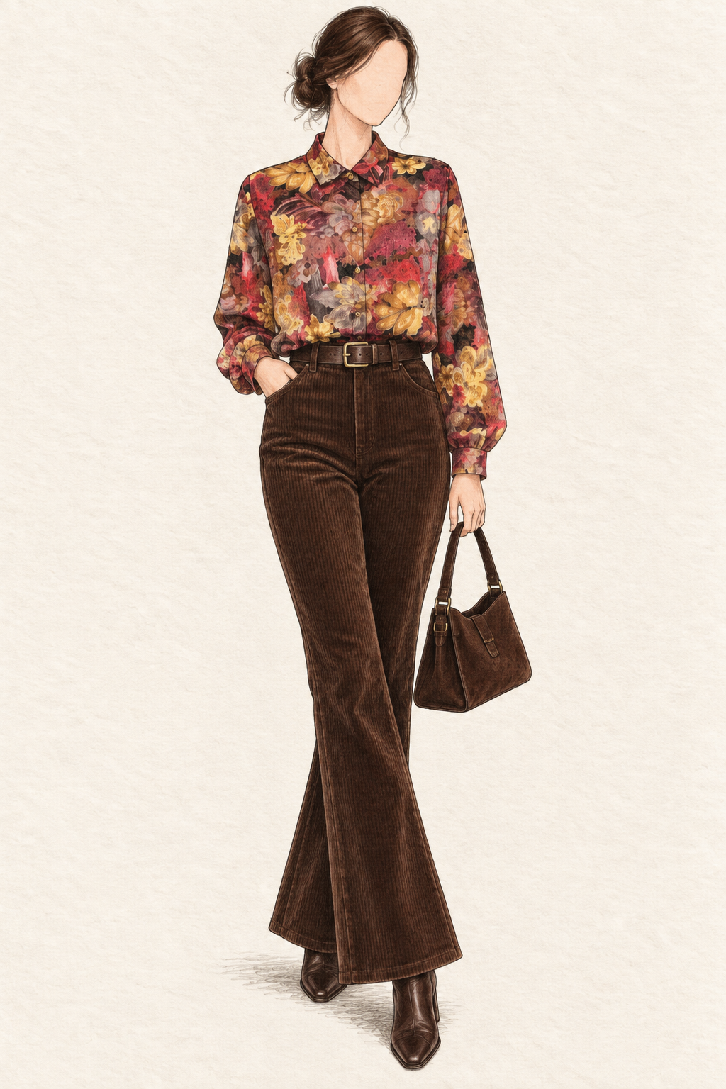 Chemisier vintage floral multicolore rouge et ocre – années 80/90