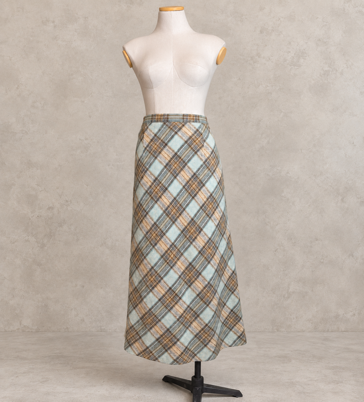 Jupe longue vintage en laine à carreaux bleu beige