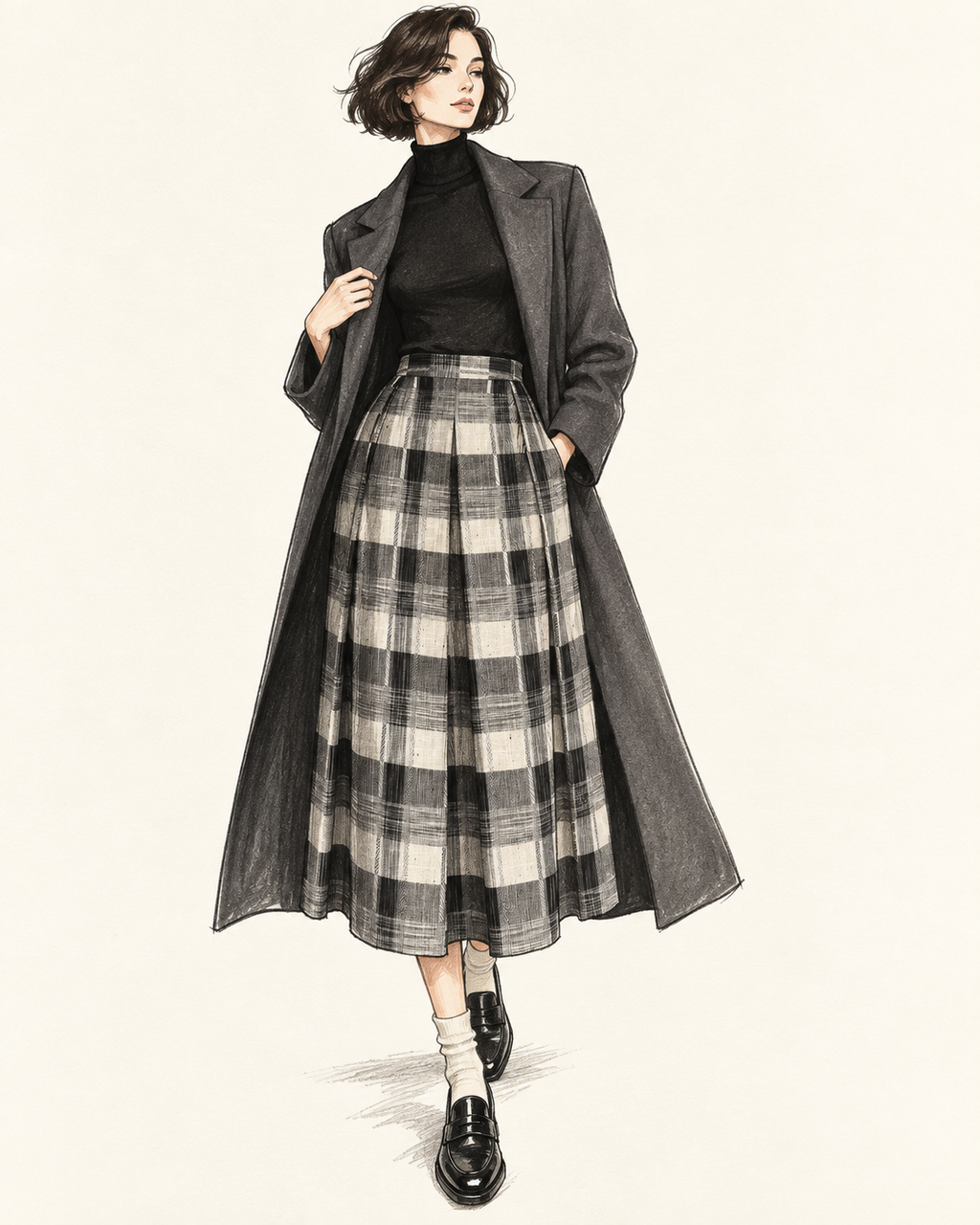 Jupe vintage mi-longue à carreaux noir, gris et écru – taille haute, coupe plissée