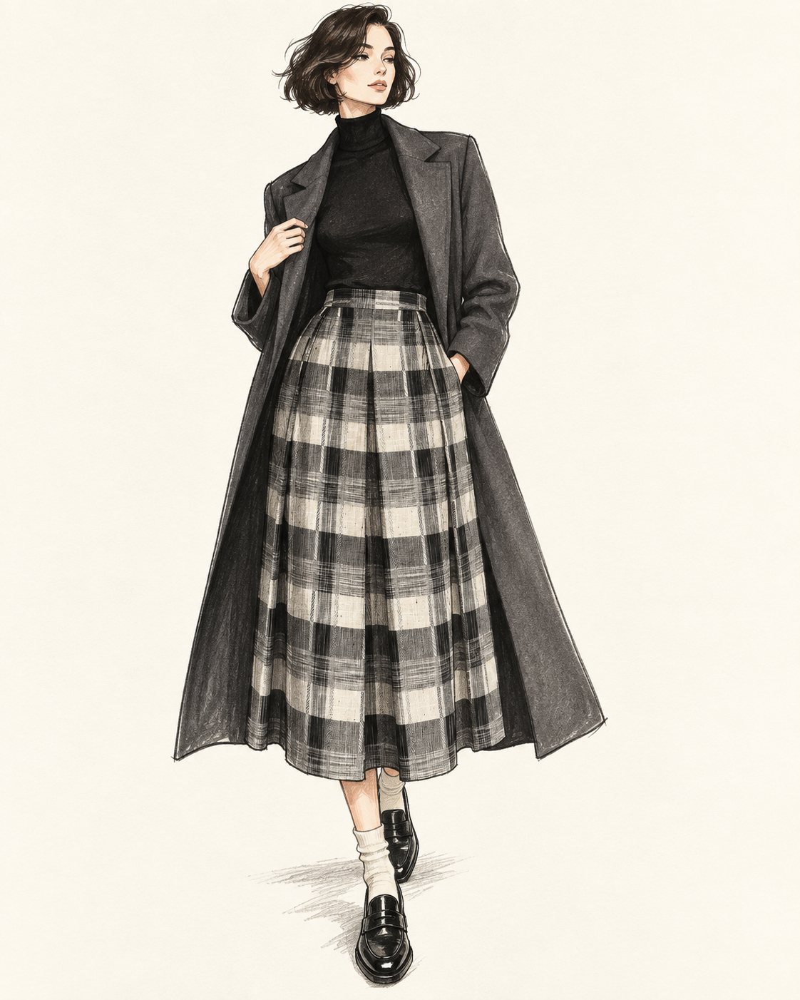 Jupe vintage mi-longue à carreaux noir, gris et écru – taille haute, coupe plissée