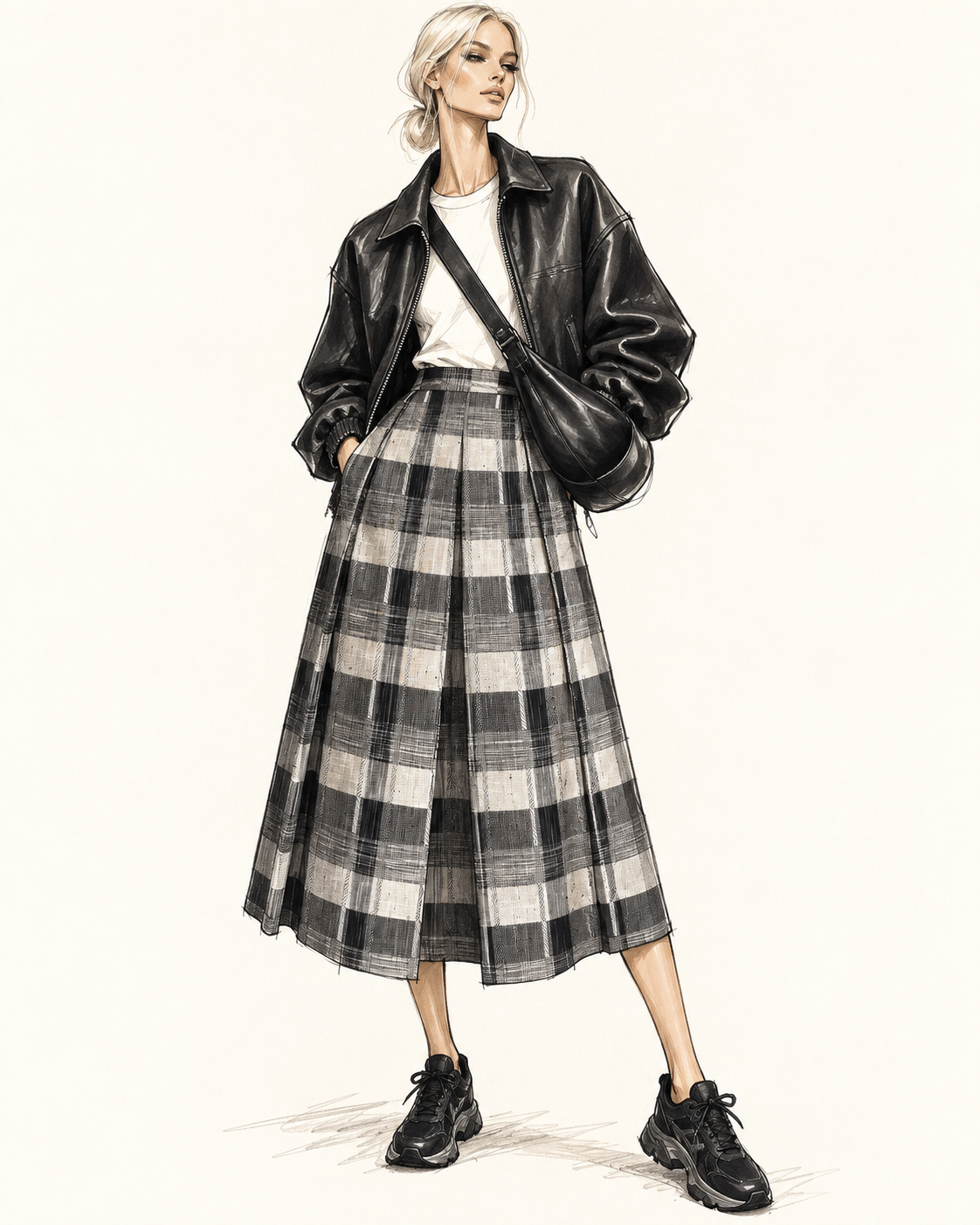 Jupe vintage mi-longue à carreaux noir, gris et écru – taille haute, coupe plissée