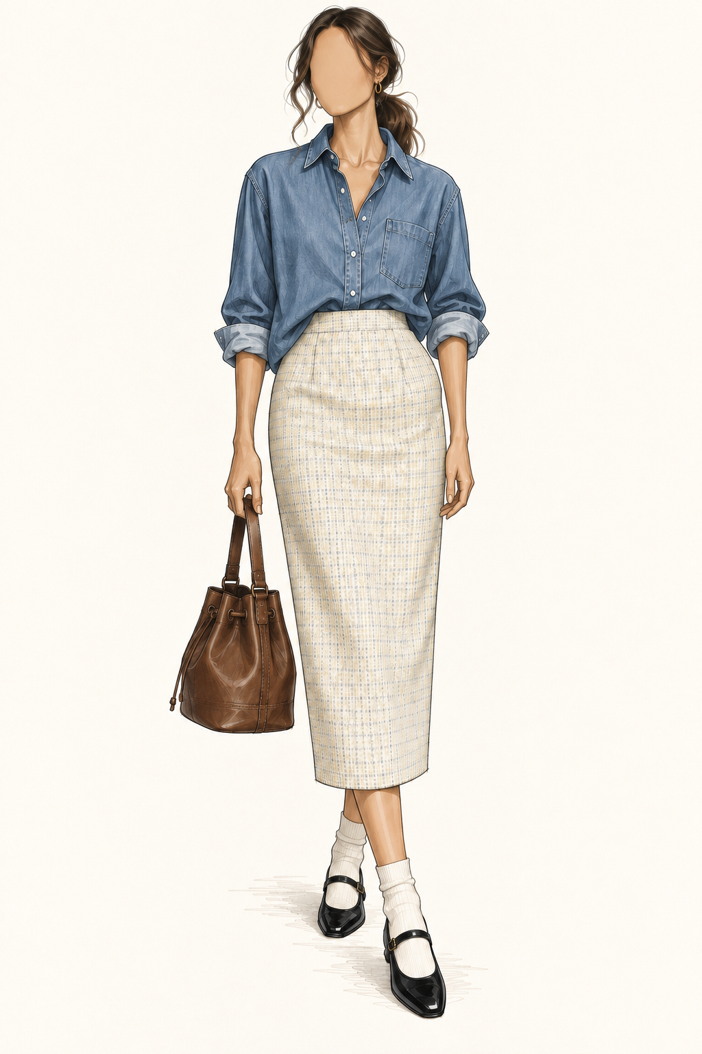 Jupe vintage mi-longue écrue et gris clair à petits carreaux – taille haute, coupe droite ajustée