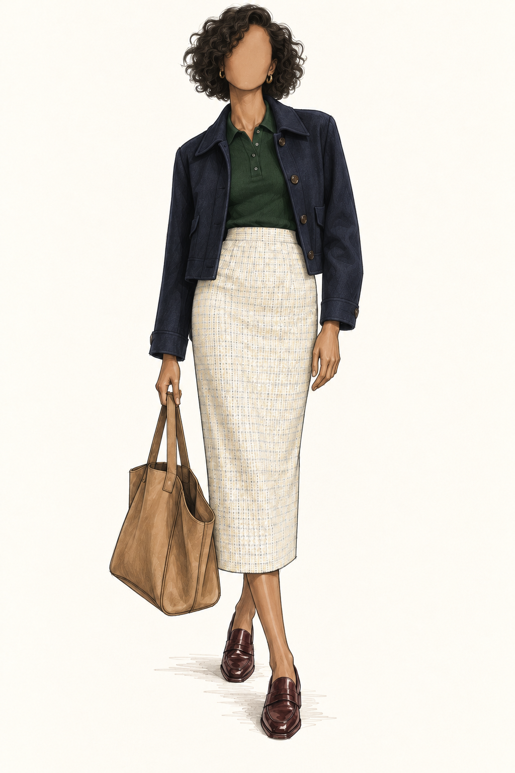 Jupe vintage mi-longue écrue et gris clair à petits carreaux – taille haute, coupe droite ajustée