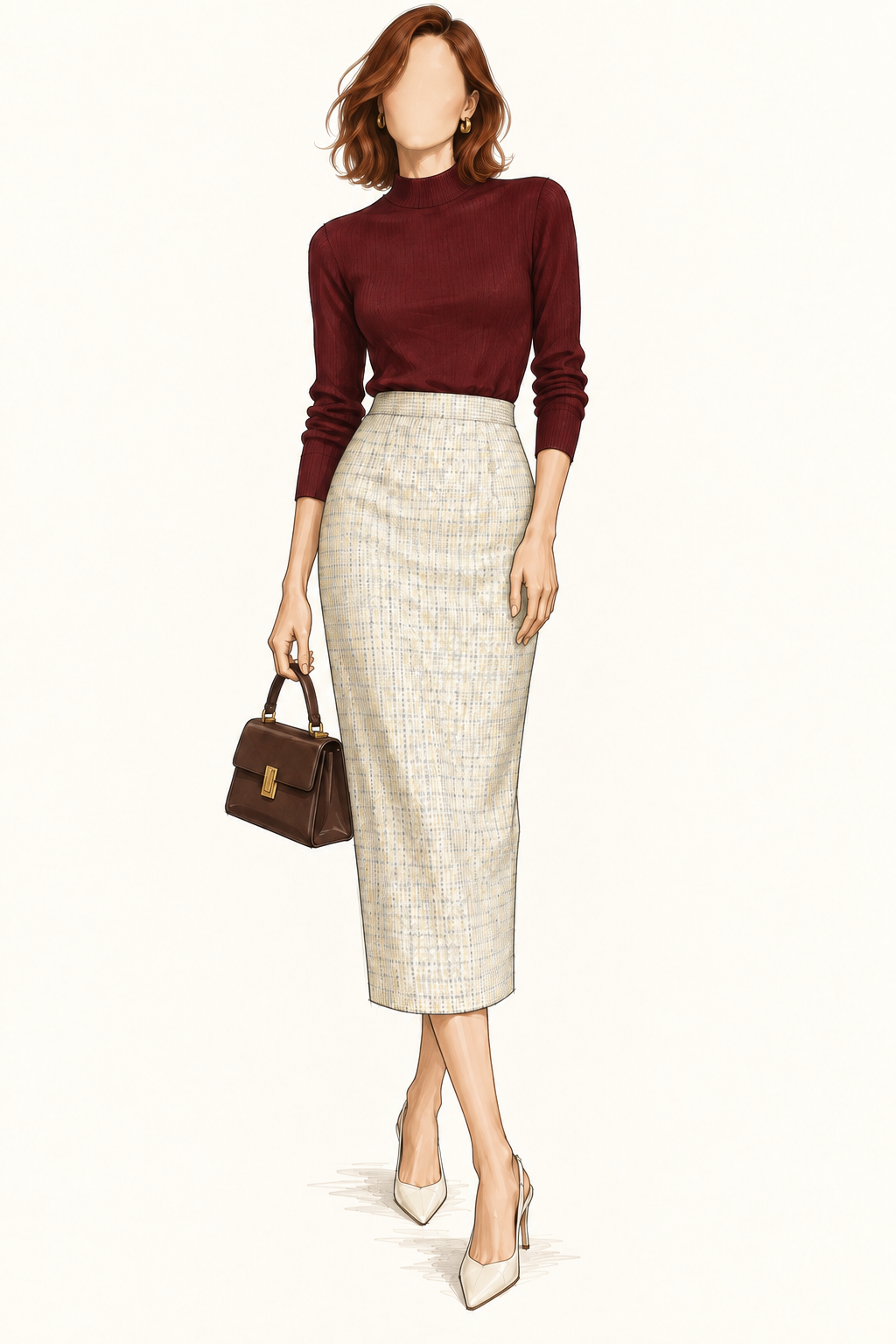 Jupe vintage mi-longue écrue et gris clair à petits carreaux – taille haute, coupe droite ajustée