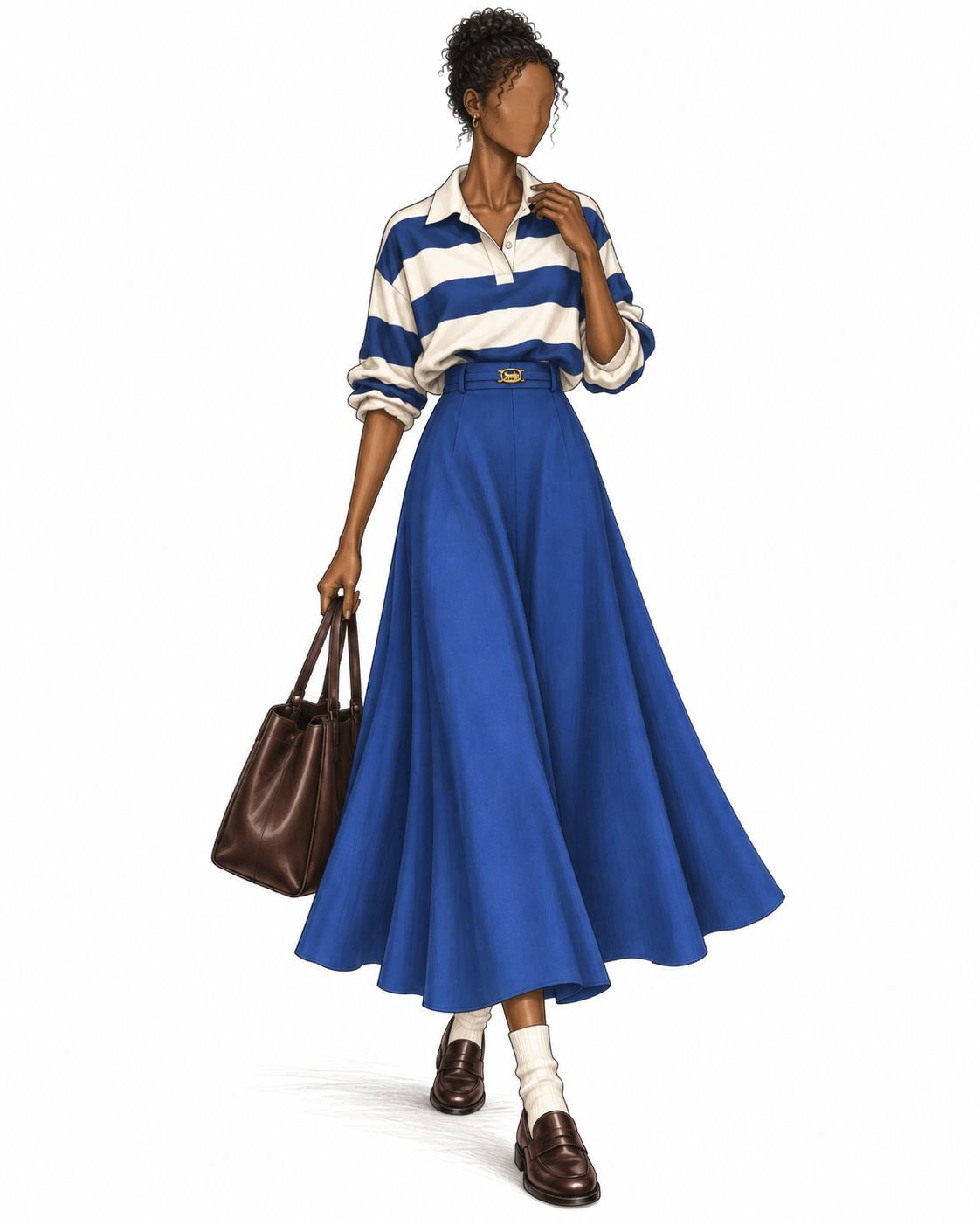 Jupe vintage longue bleu – taille haute, coupe ample évasée, détail boucle dorée à la ceinture