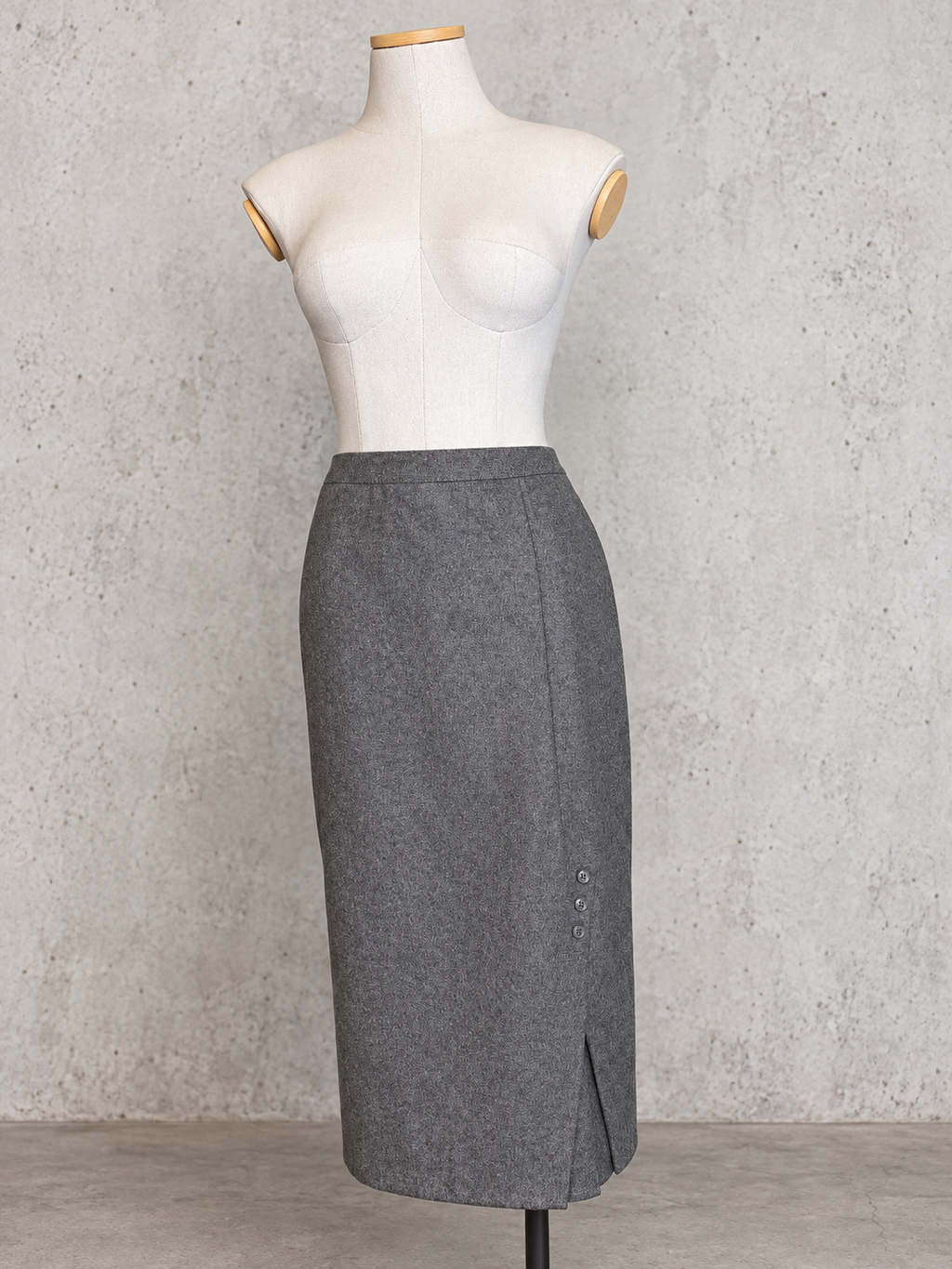 Jupe vintage mi-longue laine gris anthracite – taille haute, coupe droite ajustée, fente et boutons sur le côté