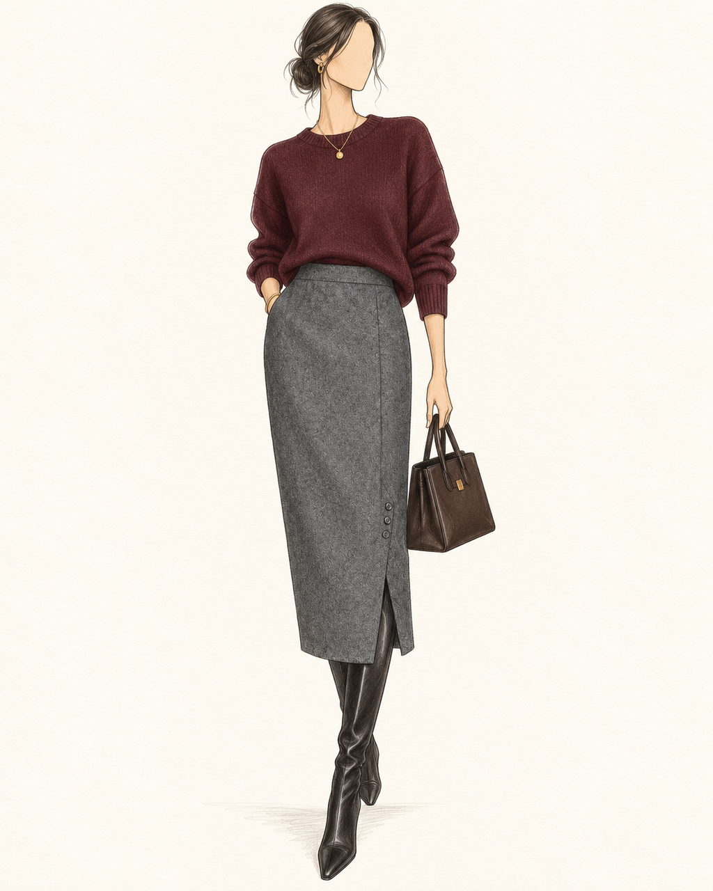 Jupe vintage mi-longue laine gris anthracite – taille haute, coupe droite ajustée, fente et boutons sur le côté