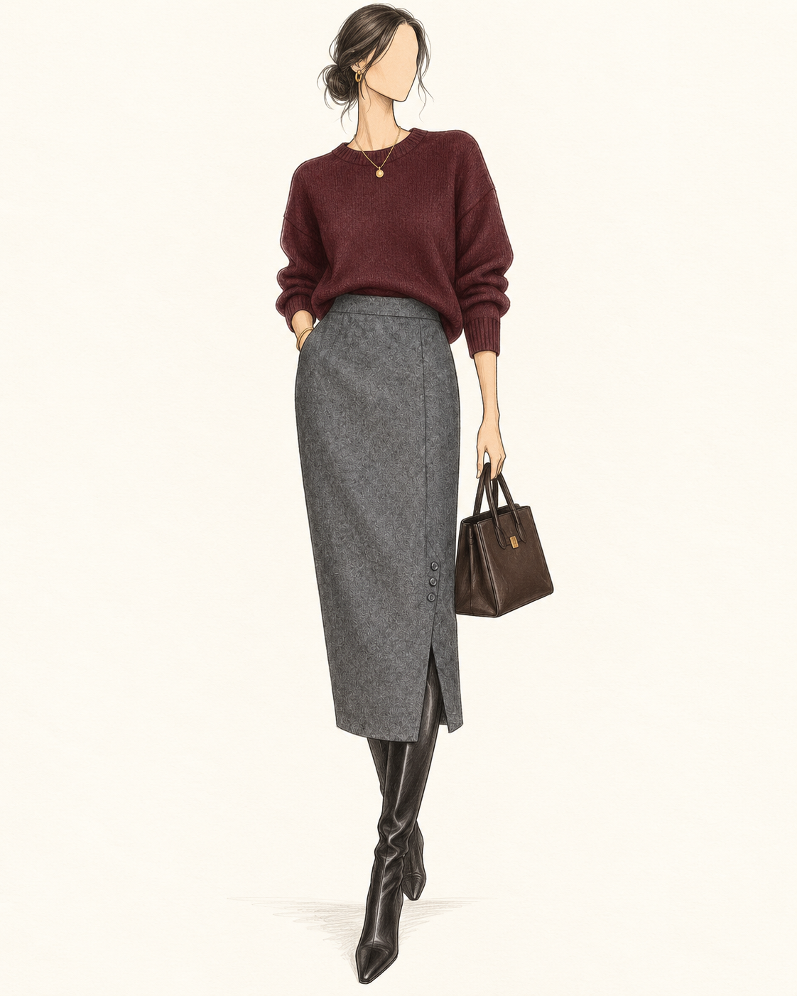 Jupe vintage mi-longue laine gris anthracite – taille haute, coupe droite ajustée, fente et boutons sur le côté