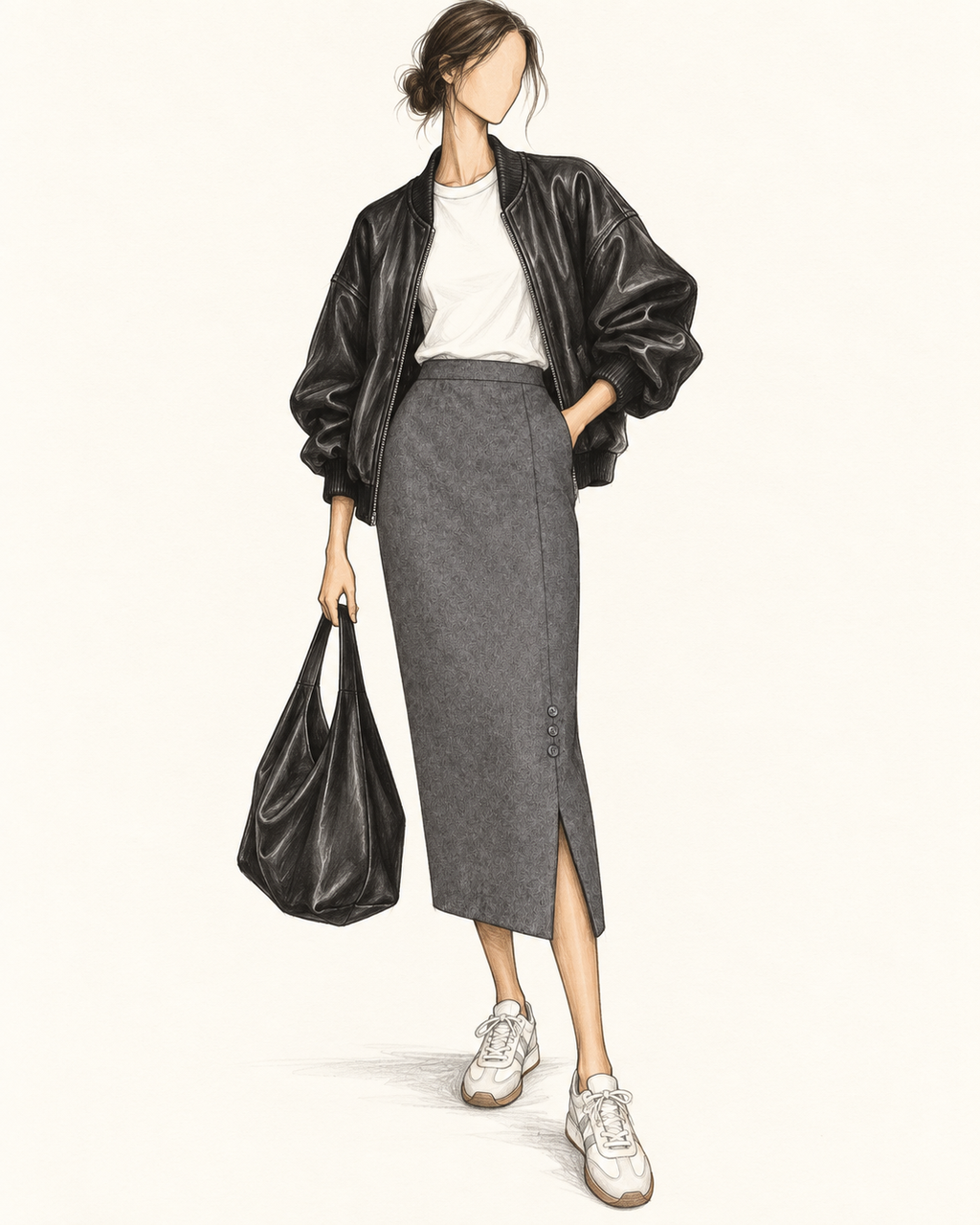 Jupe vintage mi-longue laine gris anthracite – taille haute, coupe droite ajustée, fente et boutons sur le côté