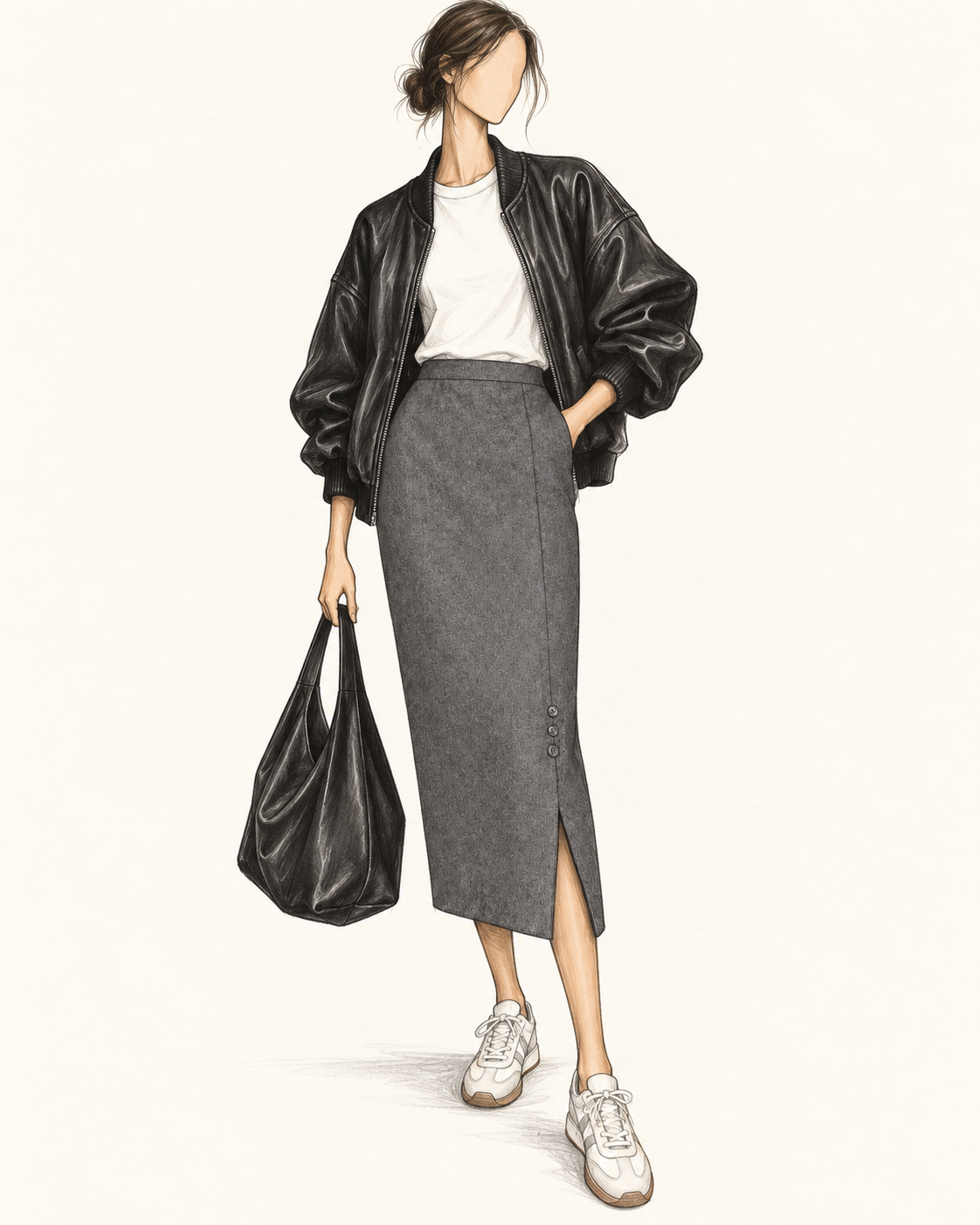 Jupe vintage mi-longue laine gris anthracite – taille haute, coupe droite ajustée, fente et boutons sur le côté