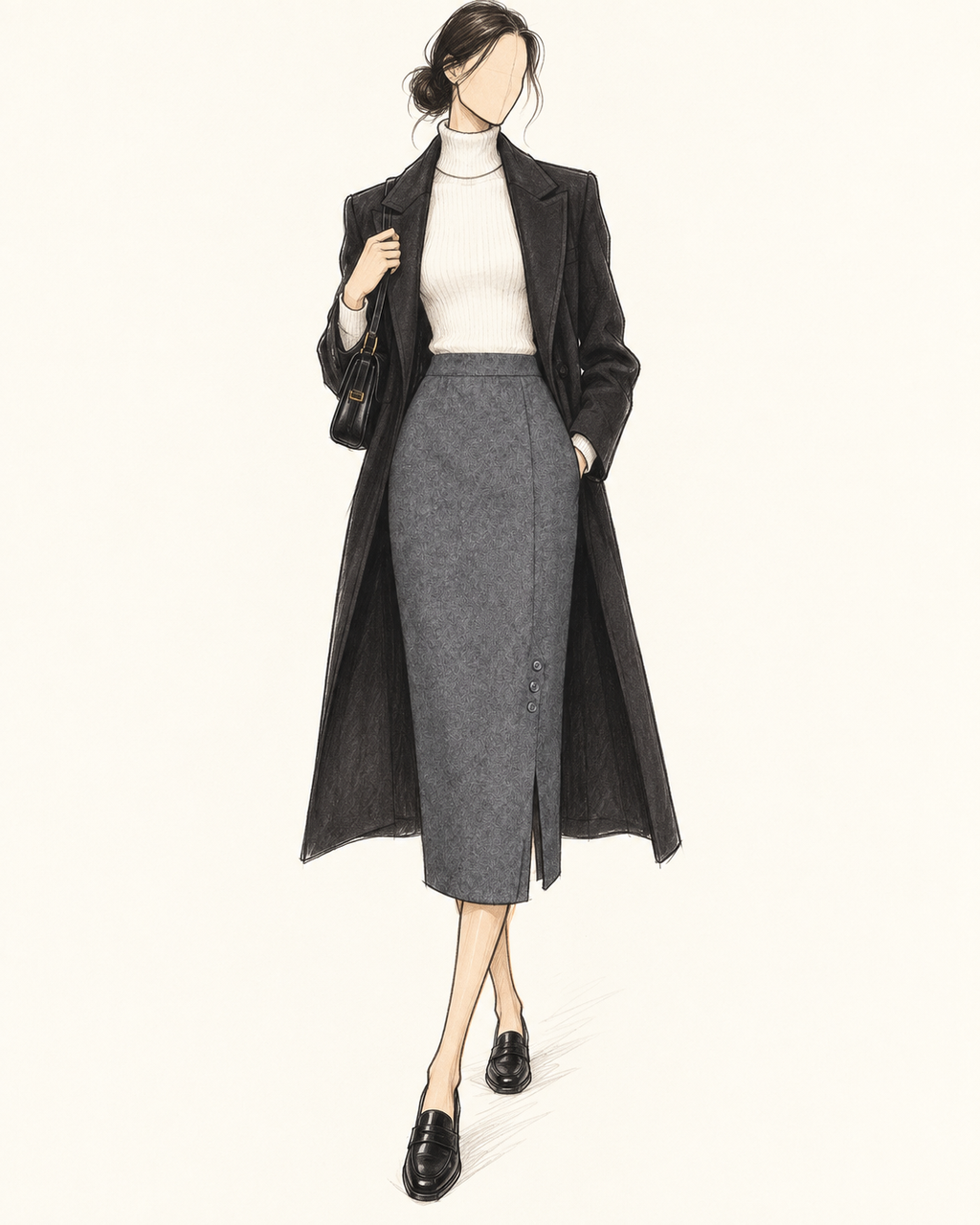 Jupe vintage mi-longue laine gris anthracite – taille haute, coupe droite ajustée, fente et boutons sur le côté