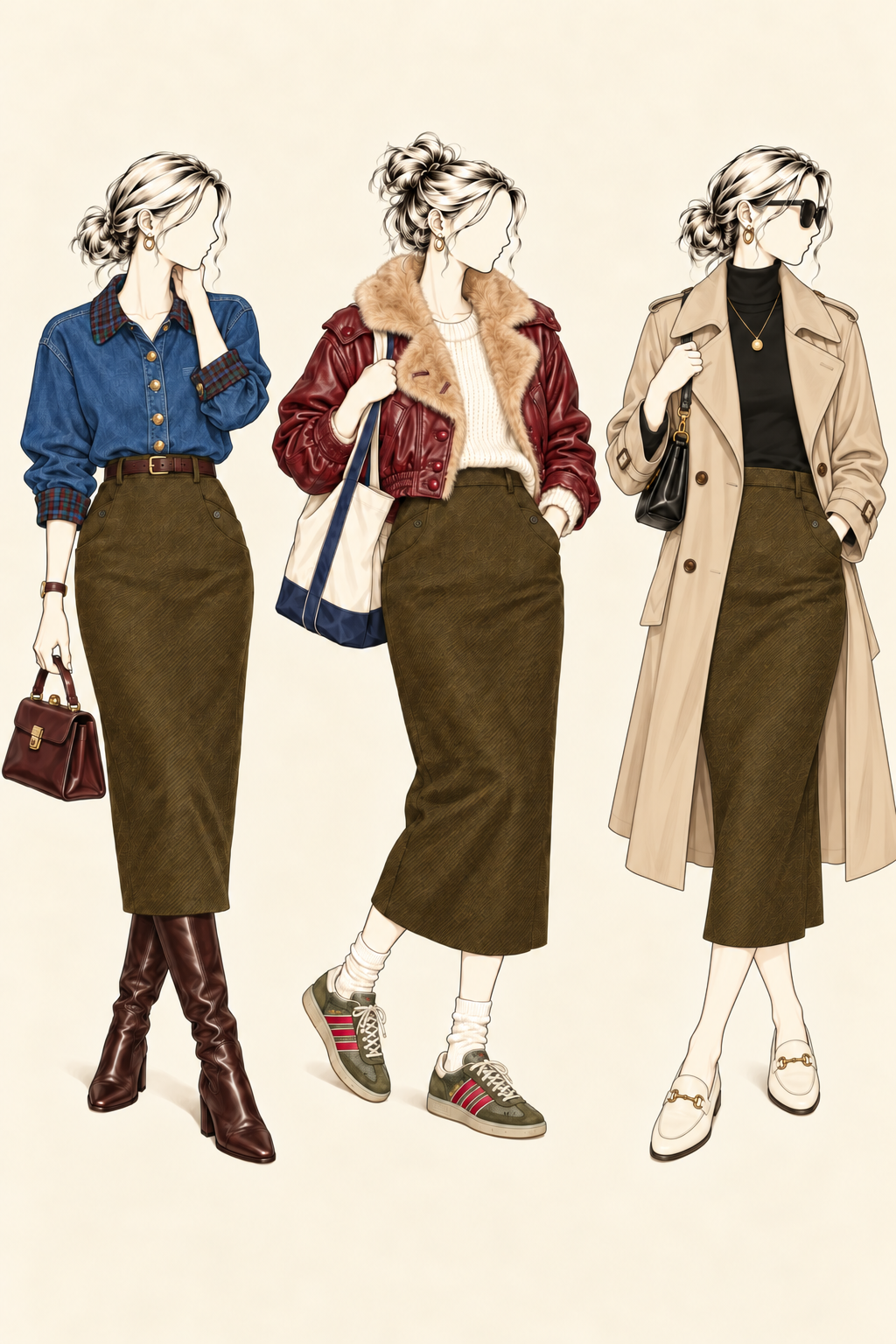Jupe vintage mi-longue kaki olive laine – taille haute, coupe droite ajustée, poches latérales