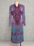 Robe longue vintage turquoise & fuchsia – imprimé cachemire baroque, col fendu, manches longues