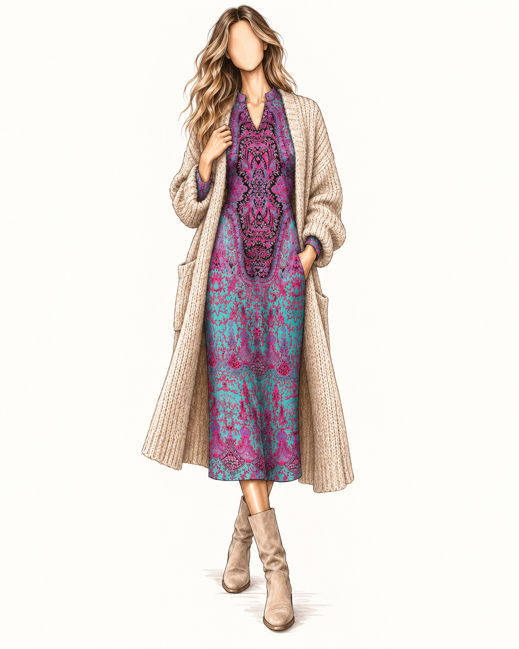 Robe longue vintage turquoise & fuchsia – imprimé cachemire baroque, col fendu, manches longues