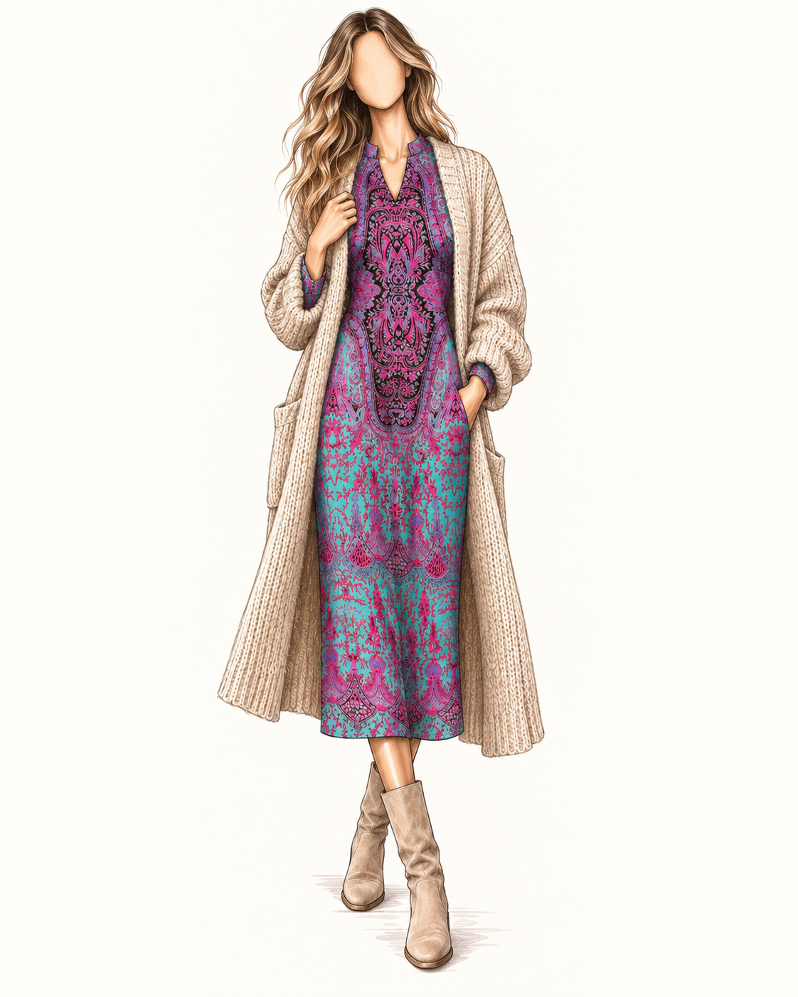Robe longue vintage turquoise & fuchsia – imprimé cachemire baroque, col fendu, manches longues