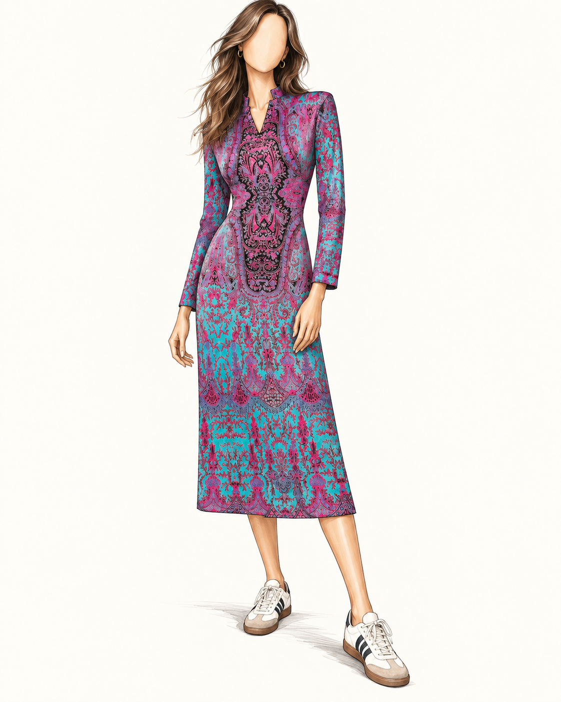 Robe longue vintage turquoise & fuchsia – imprimé cachemire baroque, col fendu, manches longues