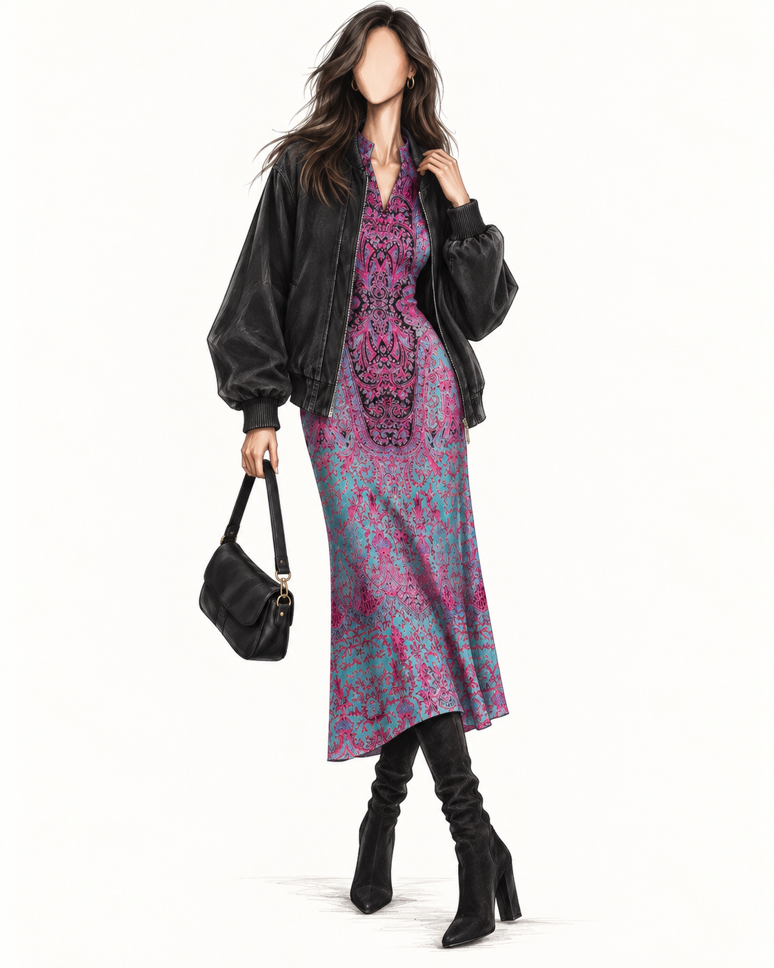 Robe longue vintage turquoise & fuchsia – imprimé cachemire baroque, col fendu, manches longues
