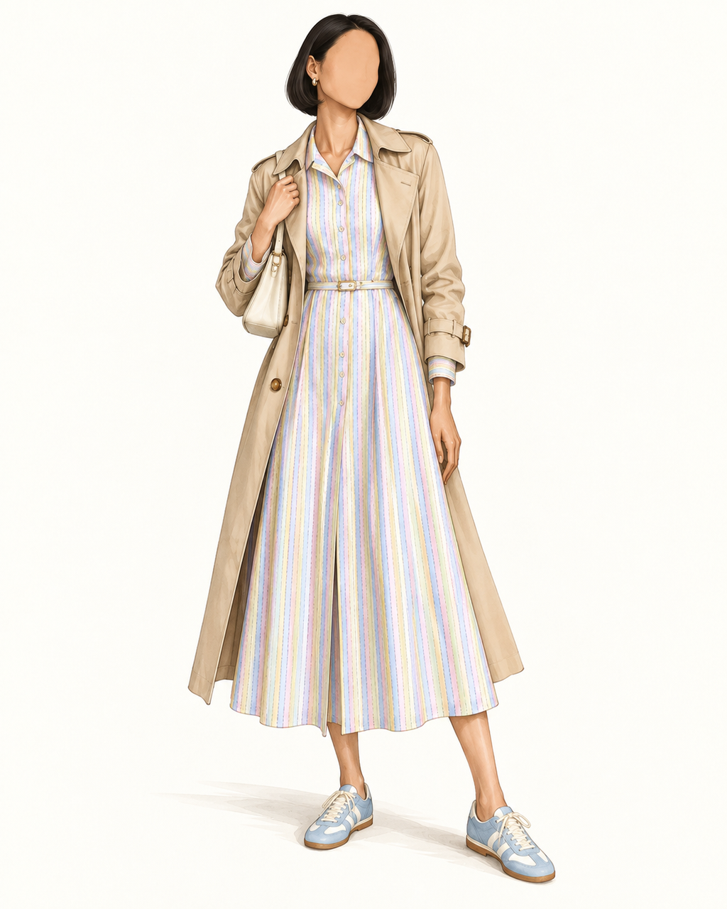 Robe vintage mi-longue à rayures pastel jaune pâle, rose et bleu ciel – col chemise, ceinturée à la taille