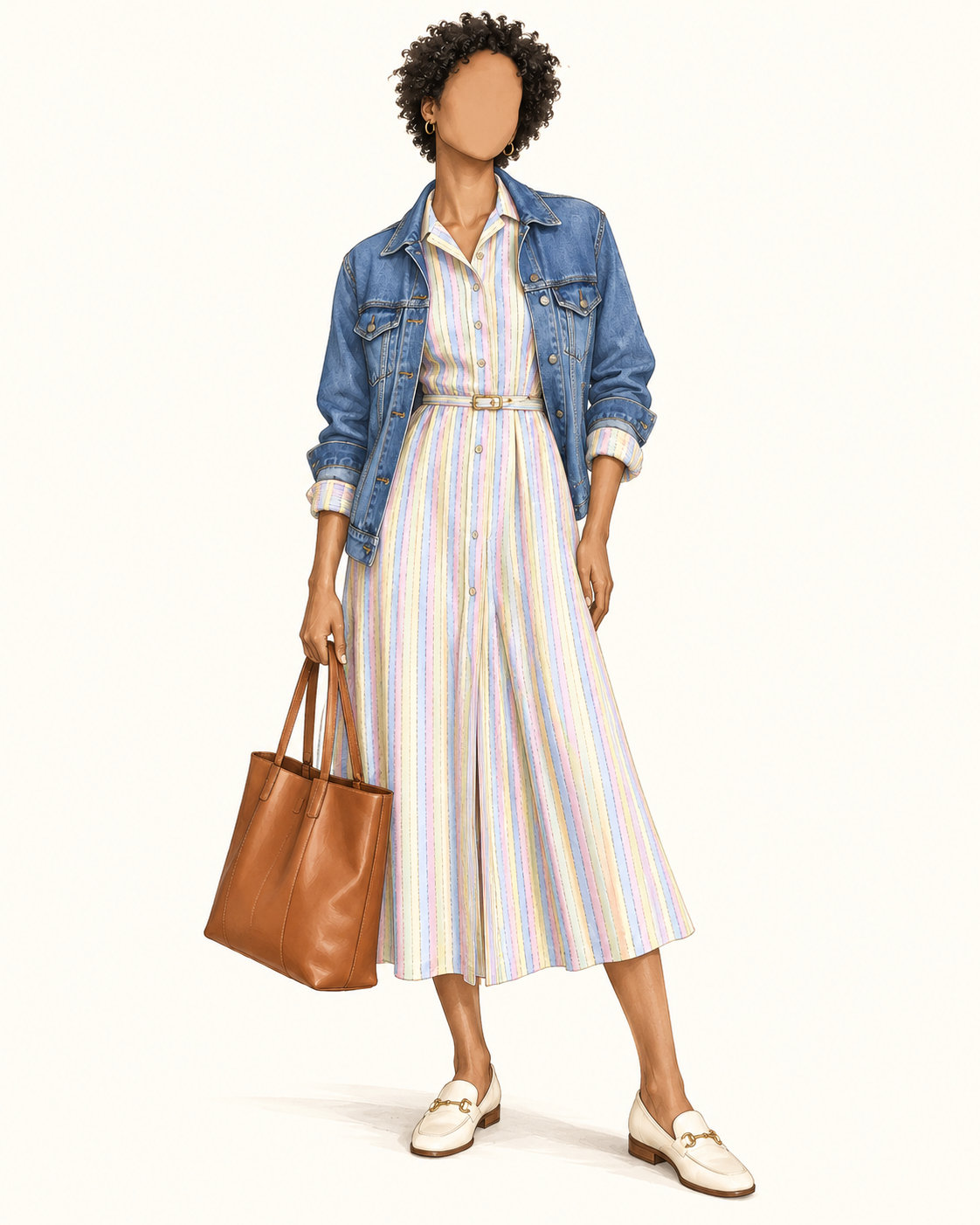 Robe vintage mi-longue à rayures pastel jaune pâle, rose et bleu ciel – col chemise, ceinturée à la taille