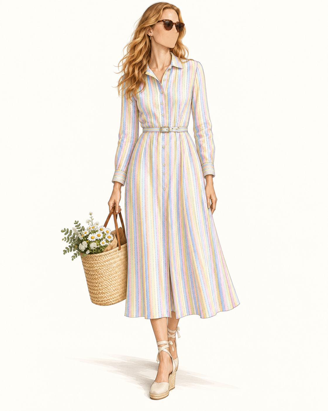 Robe vintage mi-longue à rayures pastel jaune pâle, rose et bleu ciel – col chemise, ceinturée à la taille