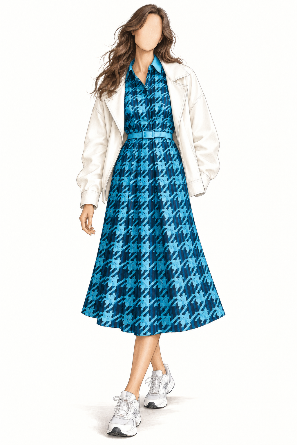 Robe vintage mi-longue tweed imprimé bleu pétrole et bleu ciel – col chemise, ceinturée à la taille