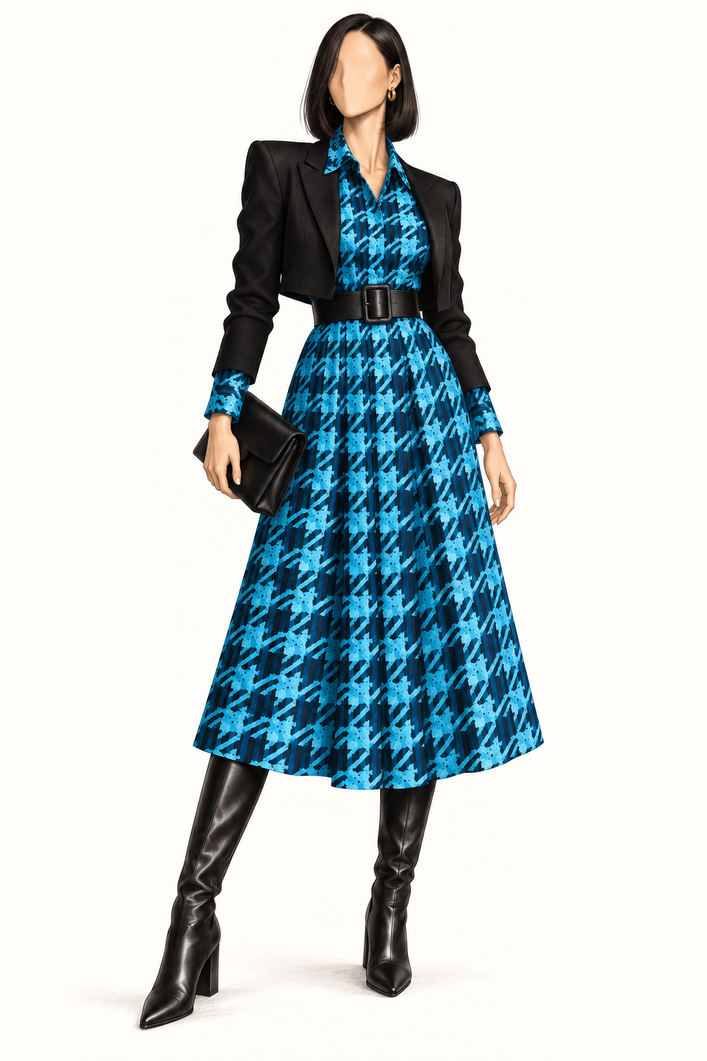 Robe vintage mi-longue tweed imprimé bleu pétrole et bleu ciel – col chemise, ceinturée à la taille