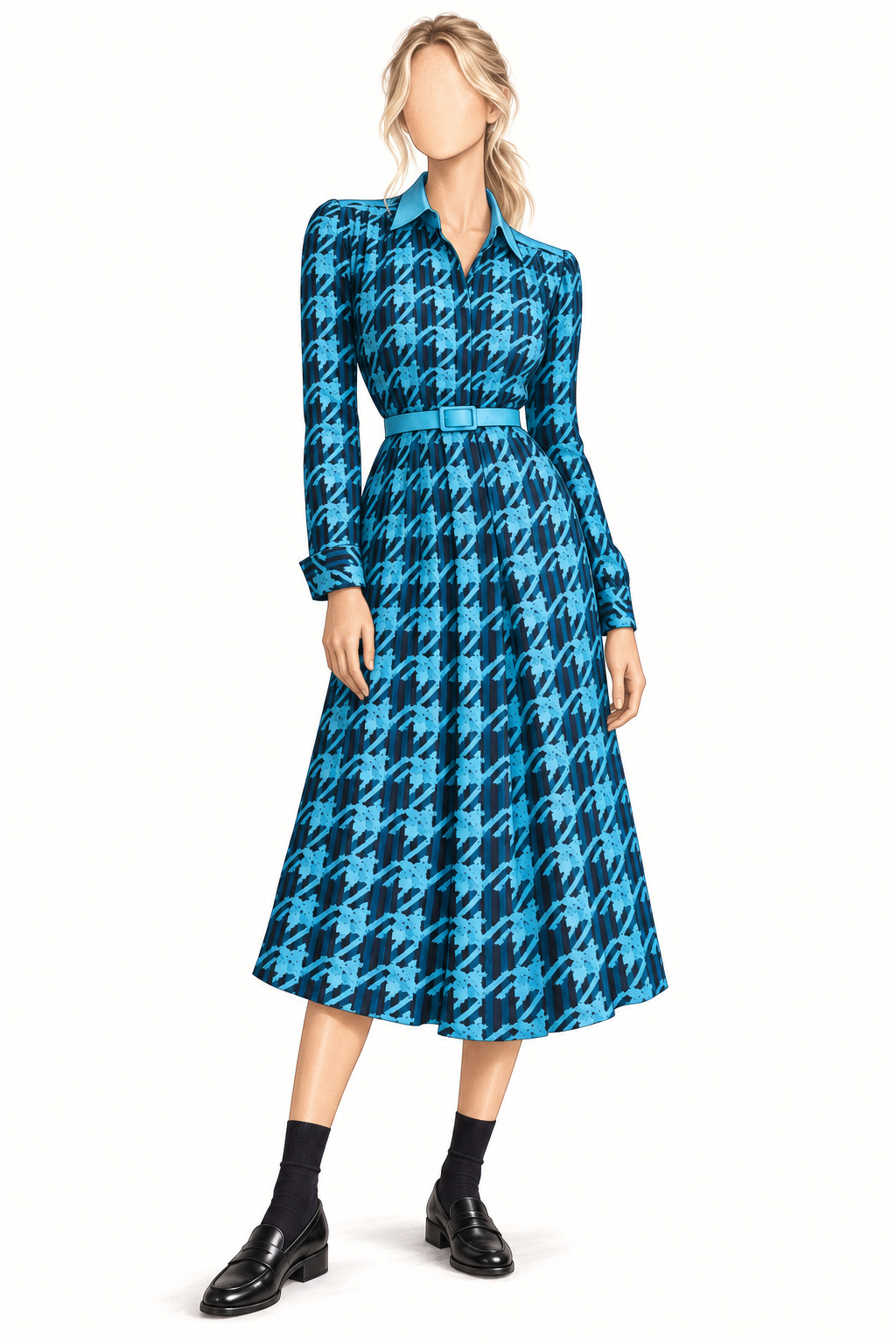 Robe vintage mi-longue tweed imprimé bleu pétrole et bleu ciel – col chemise, ceinturée à la taille