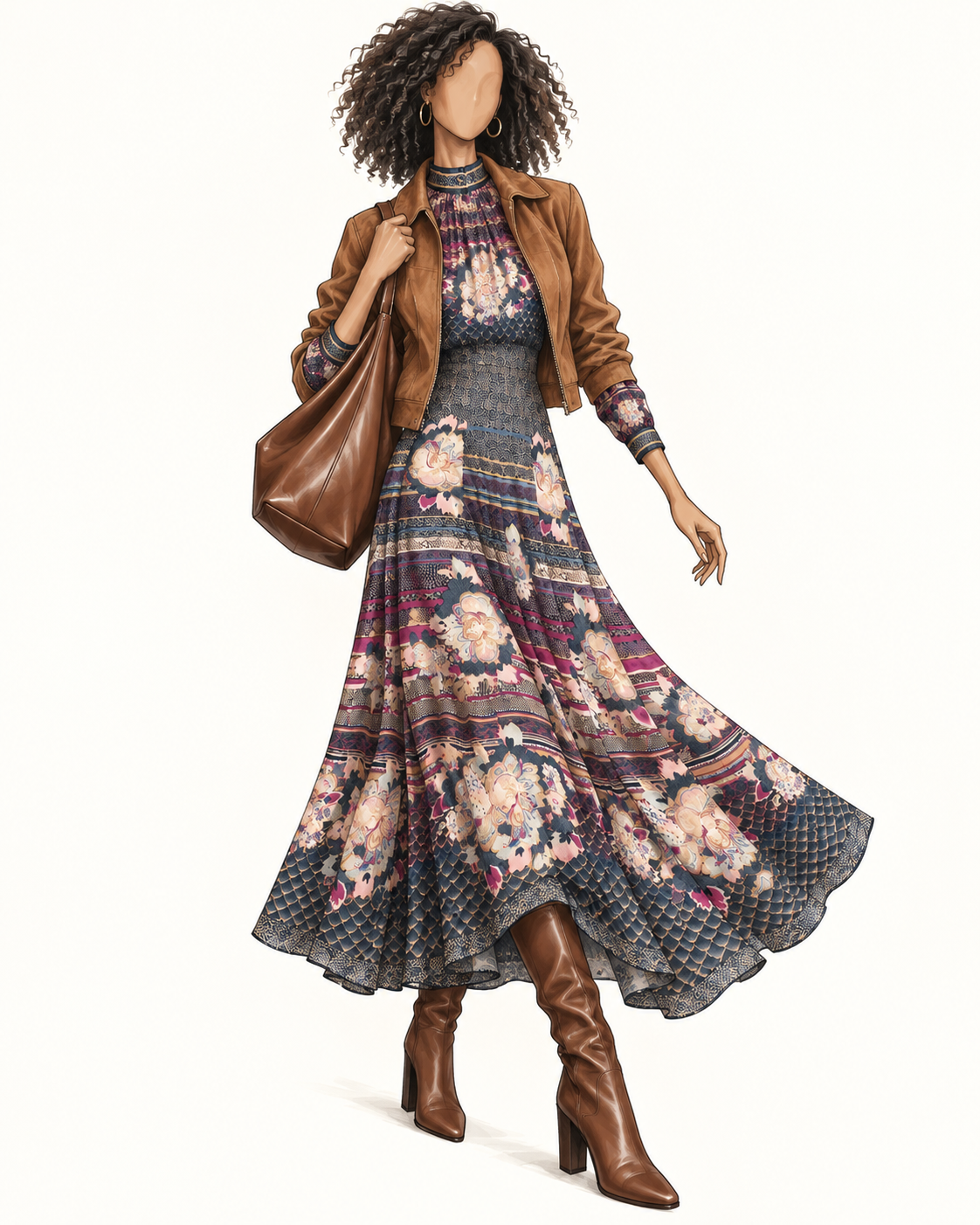 Robe vintage mi-longue bleu marine fuchsia et beige à fleurs – col montant manches longues