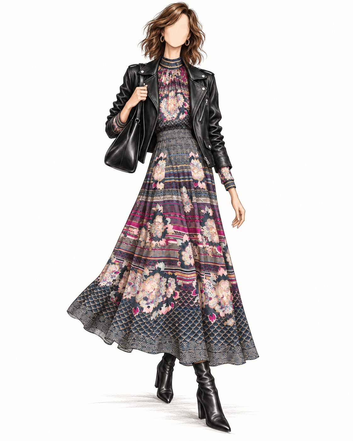 Robe vintage mi-longue bleu marine fuchsia et beige à fleurs – col montant manches longues