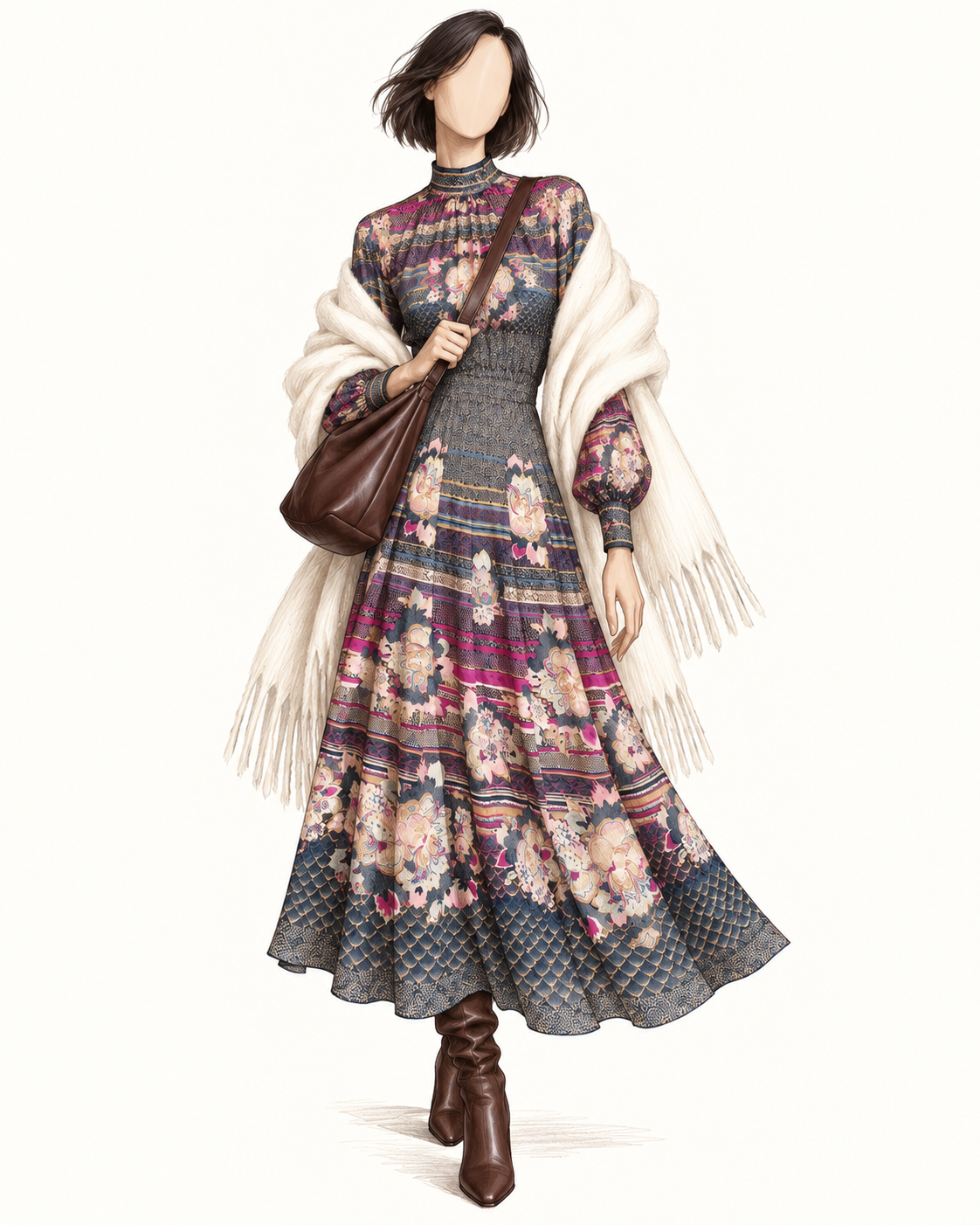 Robe vintage mi-longue bleu marine fuchsia et beige à fleurs – col montant manches longues