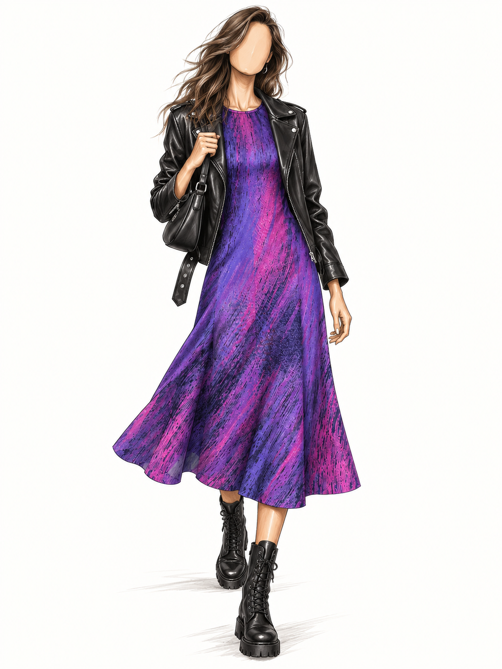 Robe longue vintage violet & fuchsia – imprimé abstrait, manches longues, esprit 80s/90s