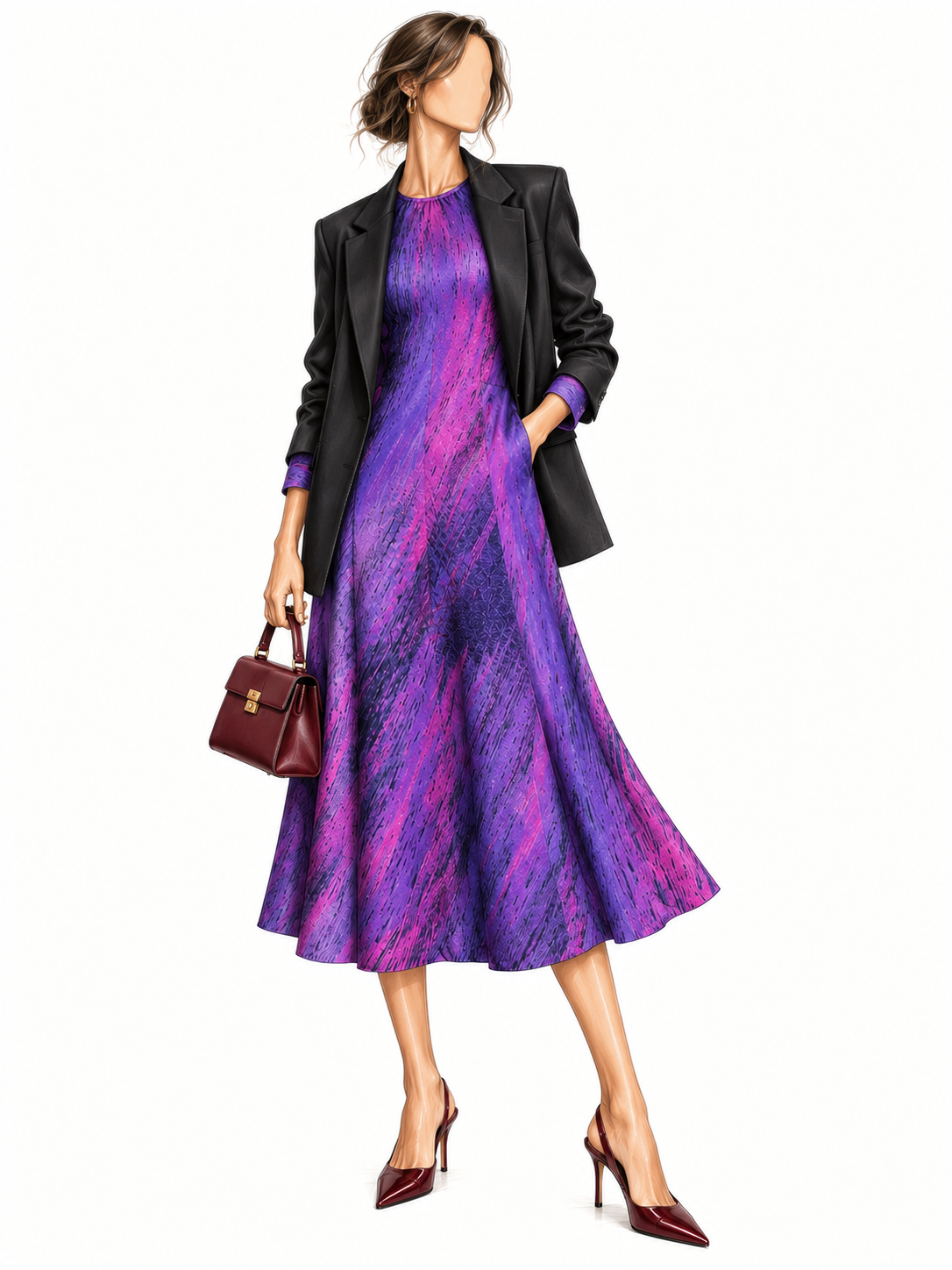 Robe longue vintage violet & fuchsia – imprimé abstrait, manches longues, esprit 80s/90s