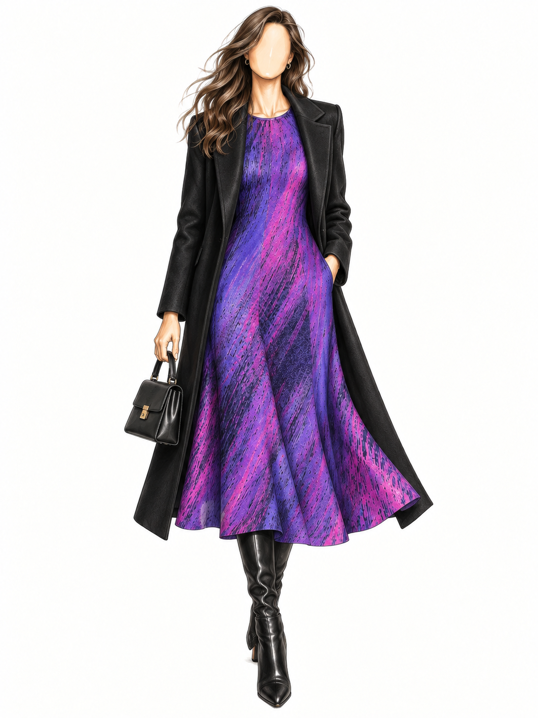 Robe longue vintage violet & fuchsia – imprimé abstrait, manches longues, esprit 80s/90s