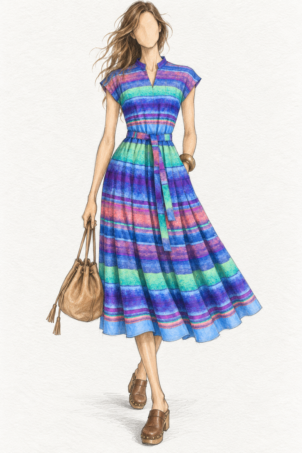Robe vintage longue à rayures bleu, violet, rose et vert – col tunisien, manches courtes, ceinturée à la taille