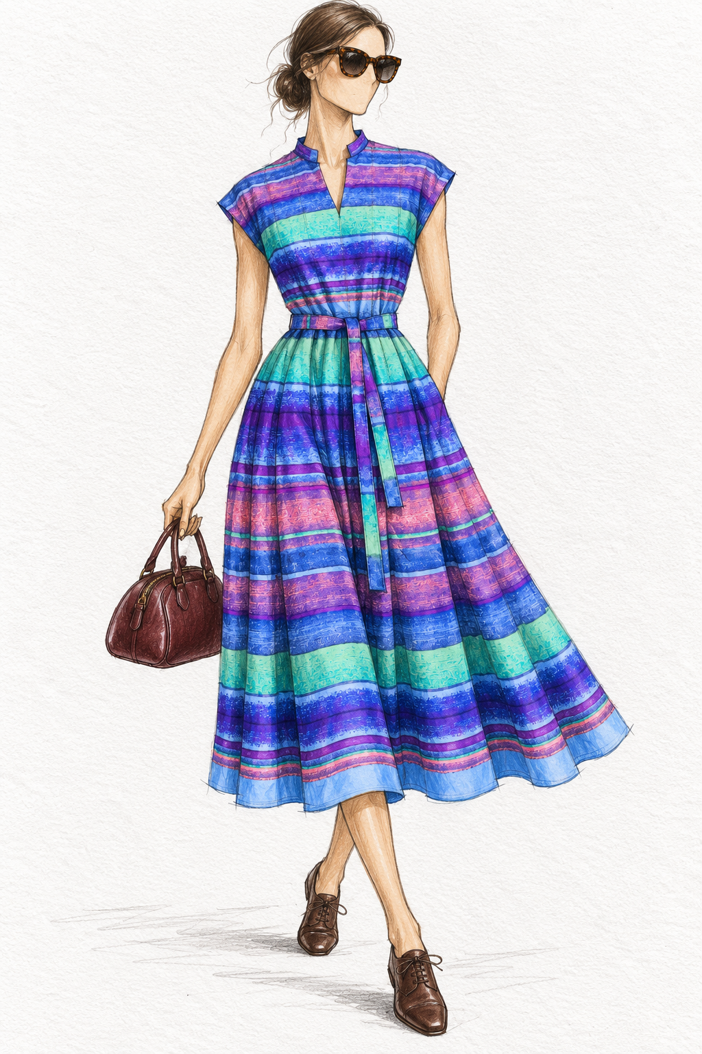 Robe vintage longue à rayures bleu, violet, rose et vert – col tunisien, manches courtes, ceinturée à la taille