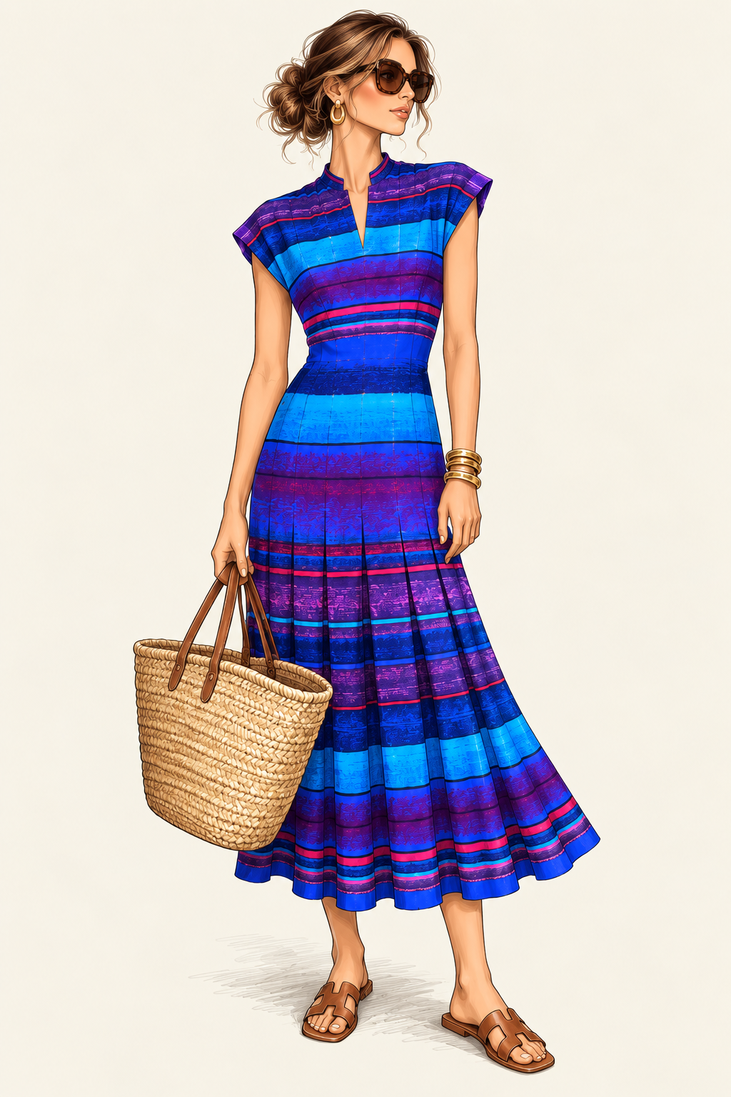Robe vintage longue bleu électrique, violet et fuchsia à rayures horizontales – col tunisien, manches courtes