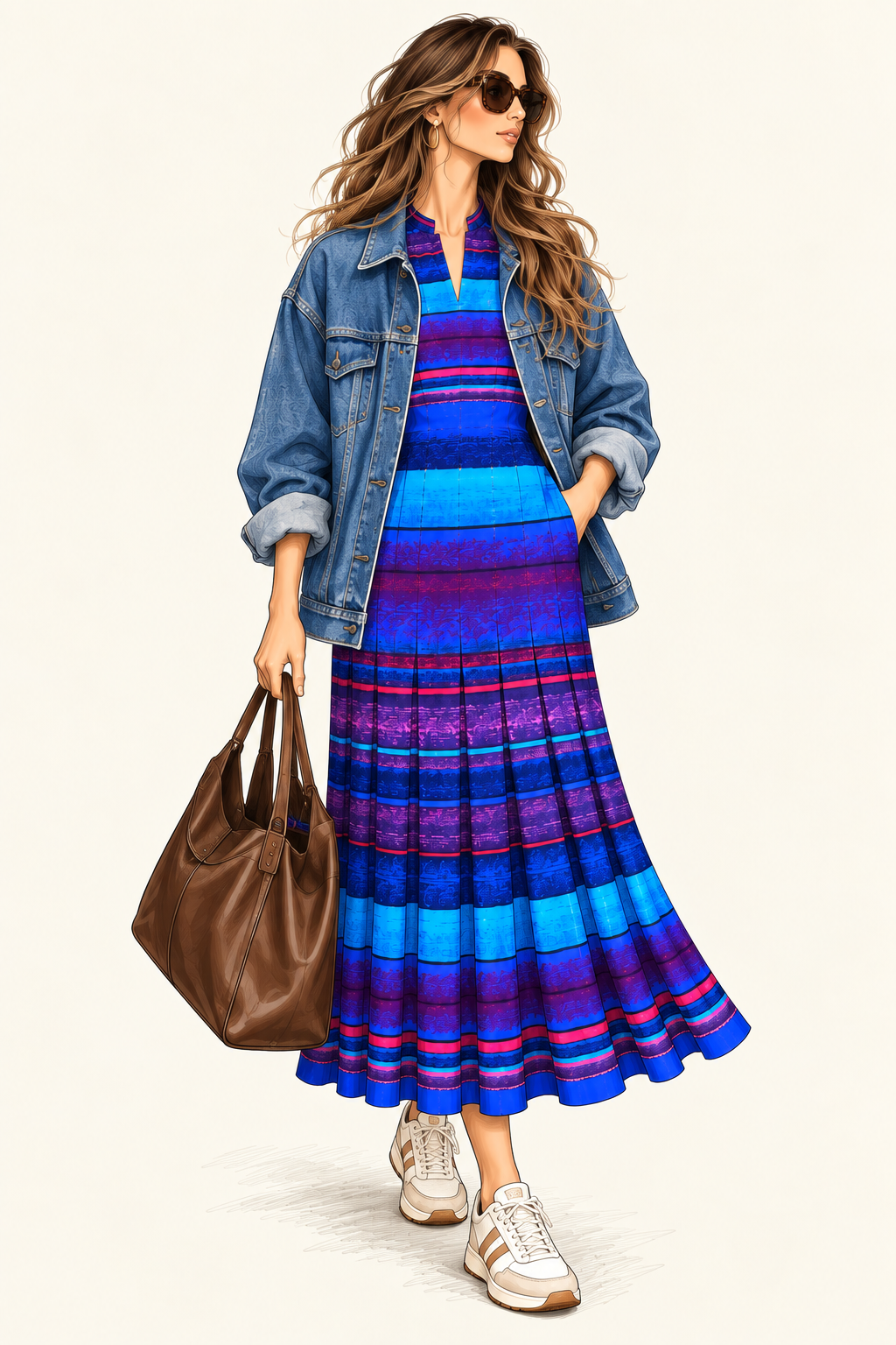 Robe vintage longue bleu électrique, violet et fuchsia à rayures horizontales – col tunisien, manches courtes